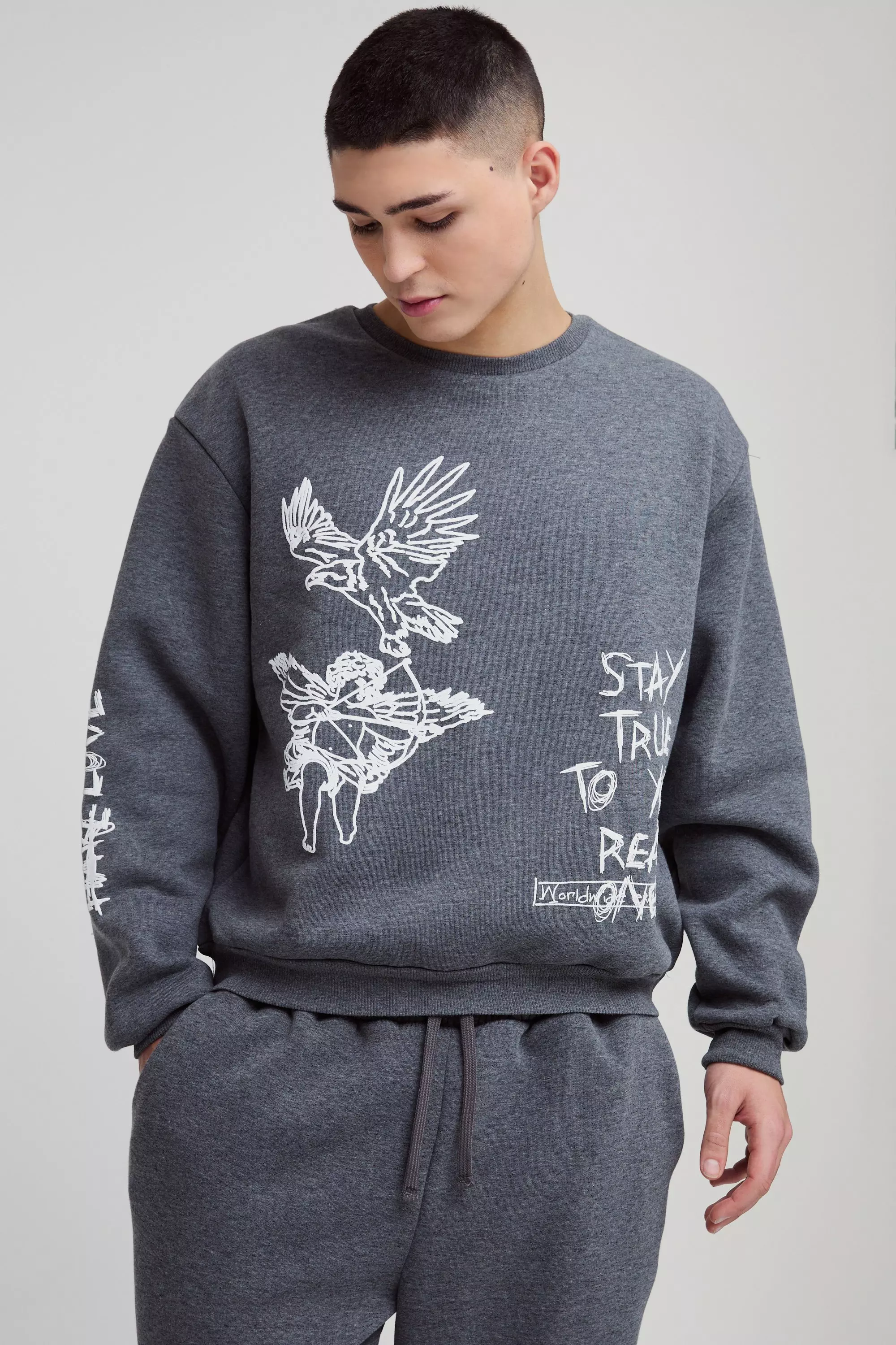 Charcoal Oversized Boxy Graffiti Slogan Hoodie  alternative image