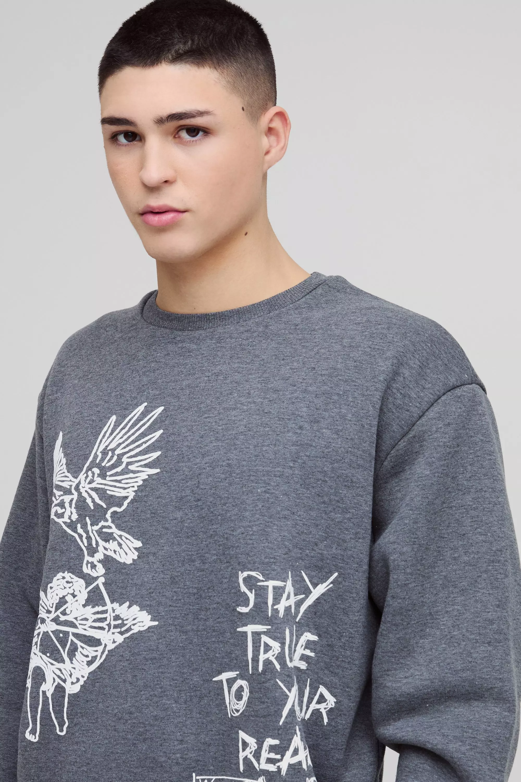 Kastiger Oversize Hoodie mit Graffiti-Slogan, Charcoal alternatives Bild