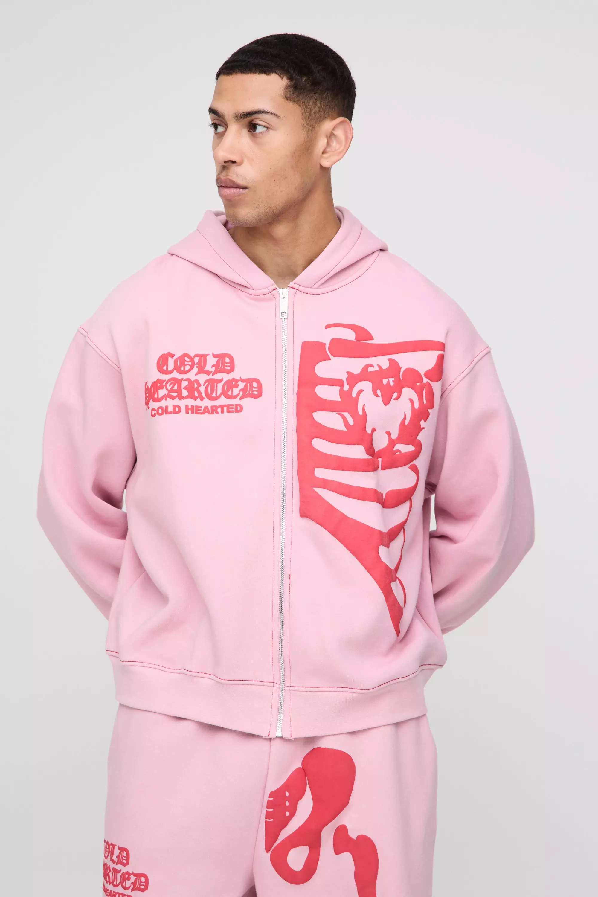 Oversized Boxy Skeleton Puff Print Contrast Stitch Zip