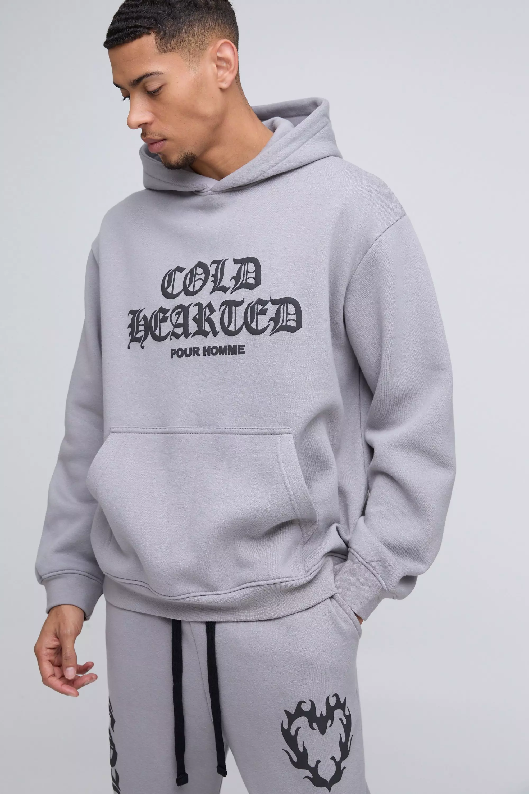 Grey Oversized Cold Hearted Puff Print Hoodie