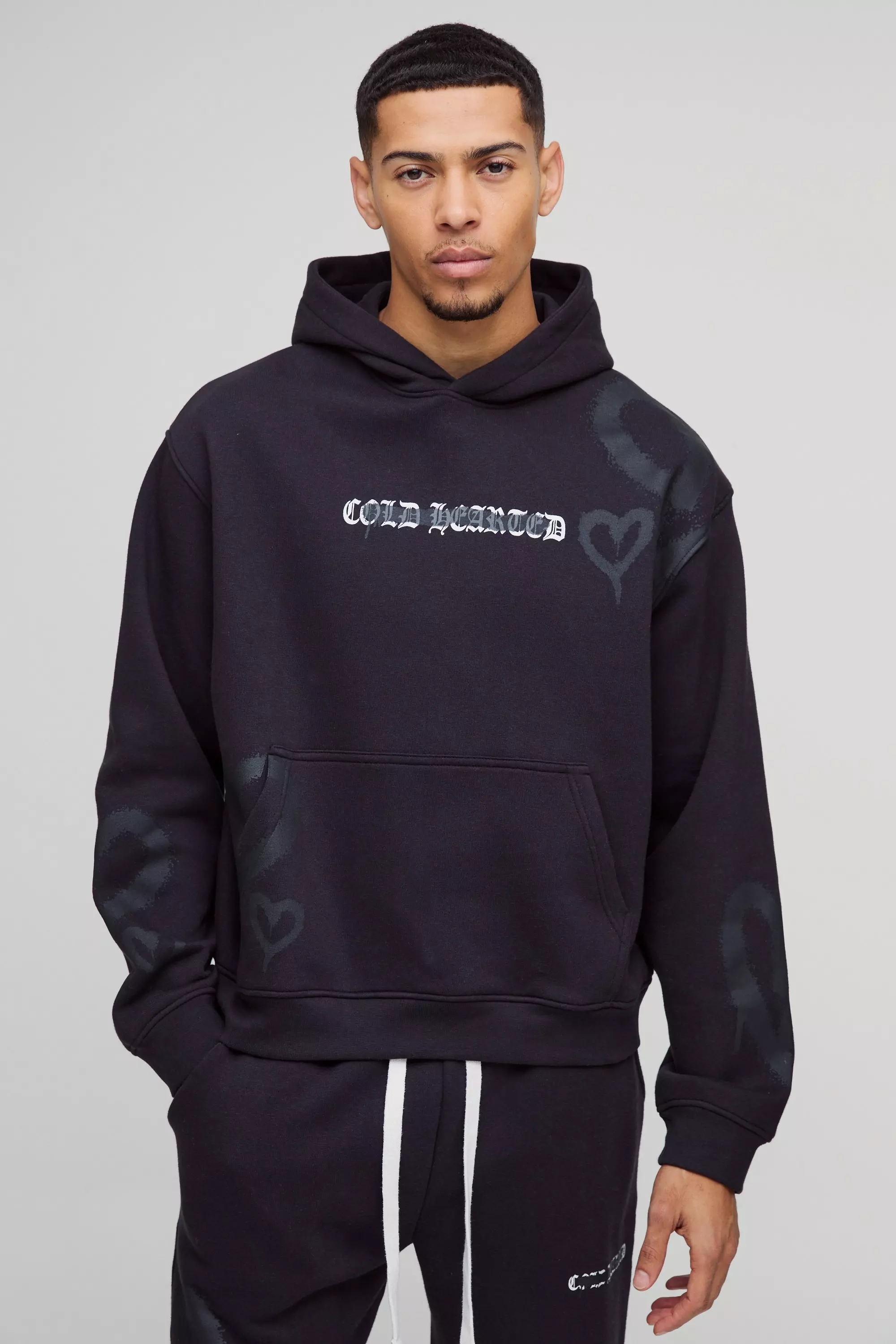 Oversized Boxy All Over Heart Printed Hoodie | boohooMAN USA