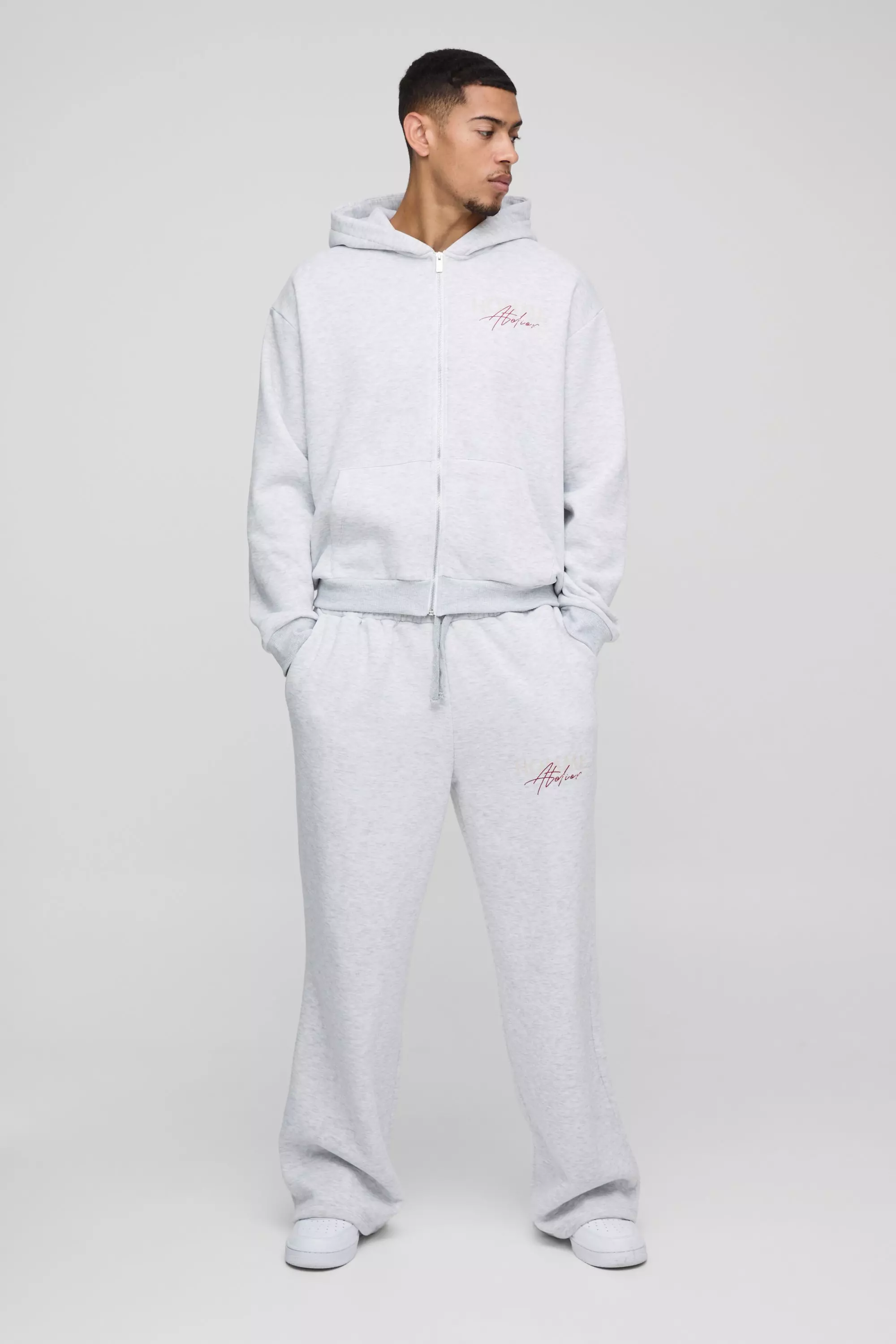 Oversized Boxy Homme Contrast Stitch Zip Through Tracksuit Grey marl