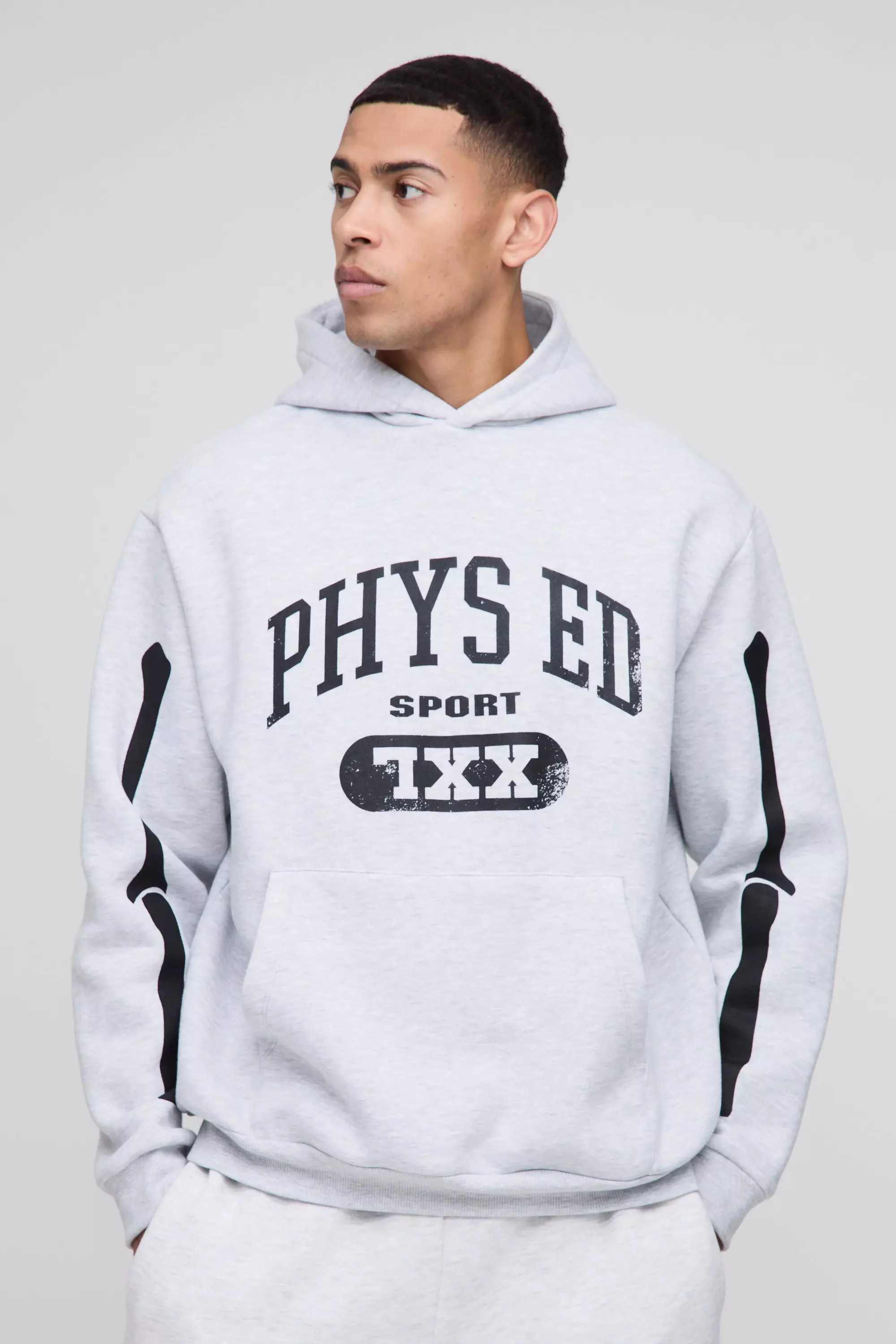 Oversized Skeleton Distressed Print Hoodie Grey