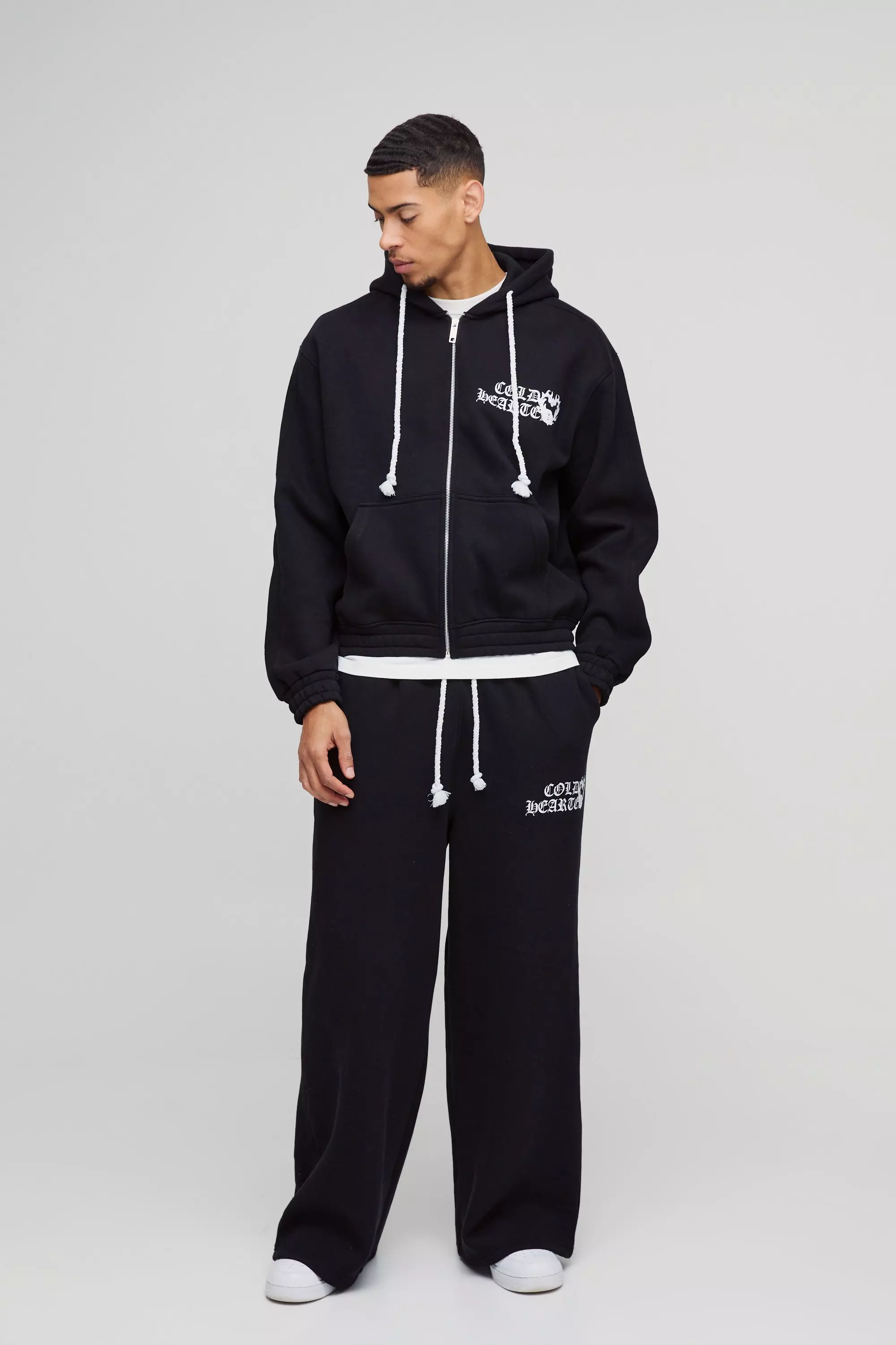 Black Oversized Boxy Heart Printed Double Waistband Zip Through Hooded Tracksuit