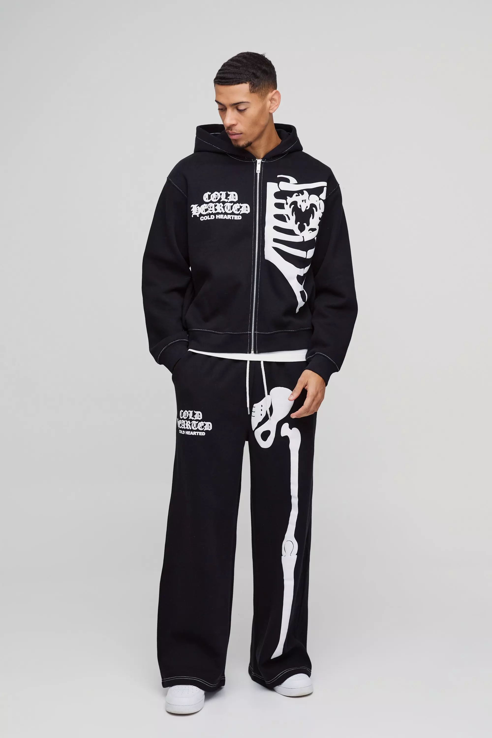 Black Oversized Boxy Skeleton Puff Print Contrast Stitch Zip Through Hooded Tracksuit