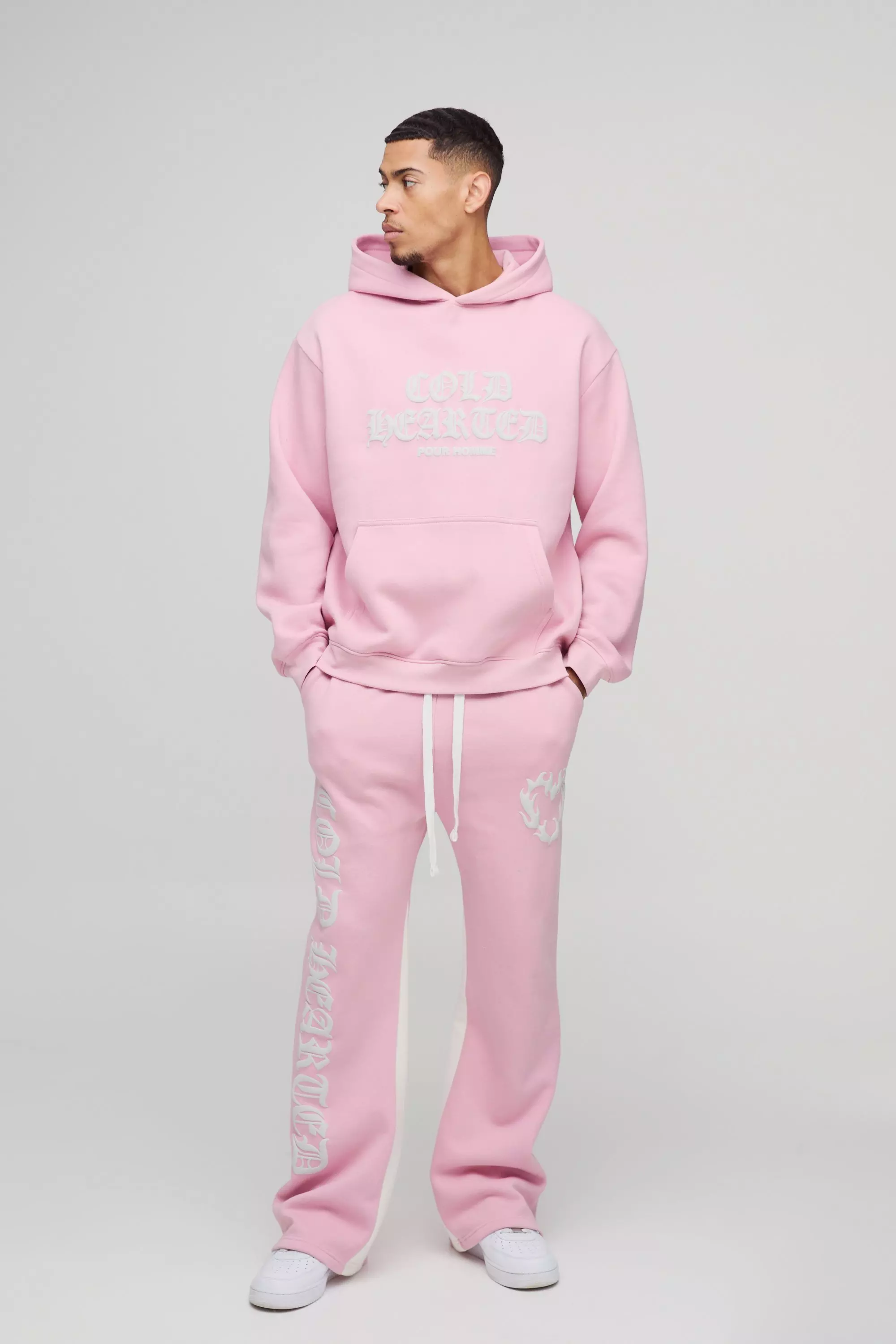 Pink Oversized Cold Hearted Puff Print Gusset Flare Hooded Tracksuit