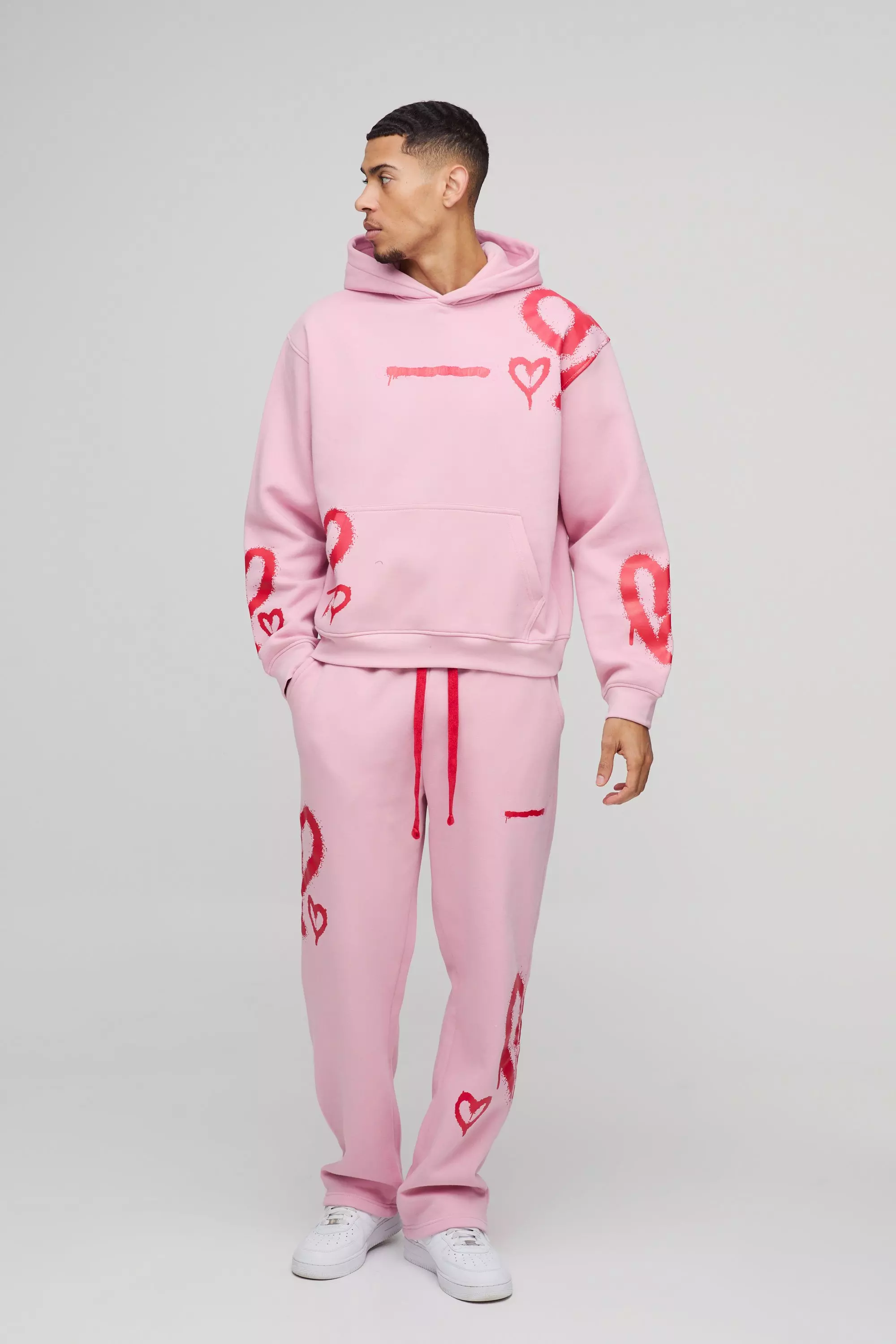 Pink Oversized Boxy All Over Heart Printed Hooded Tracksuit