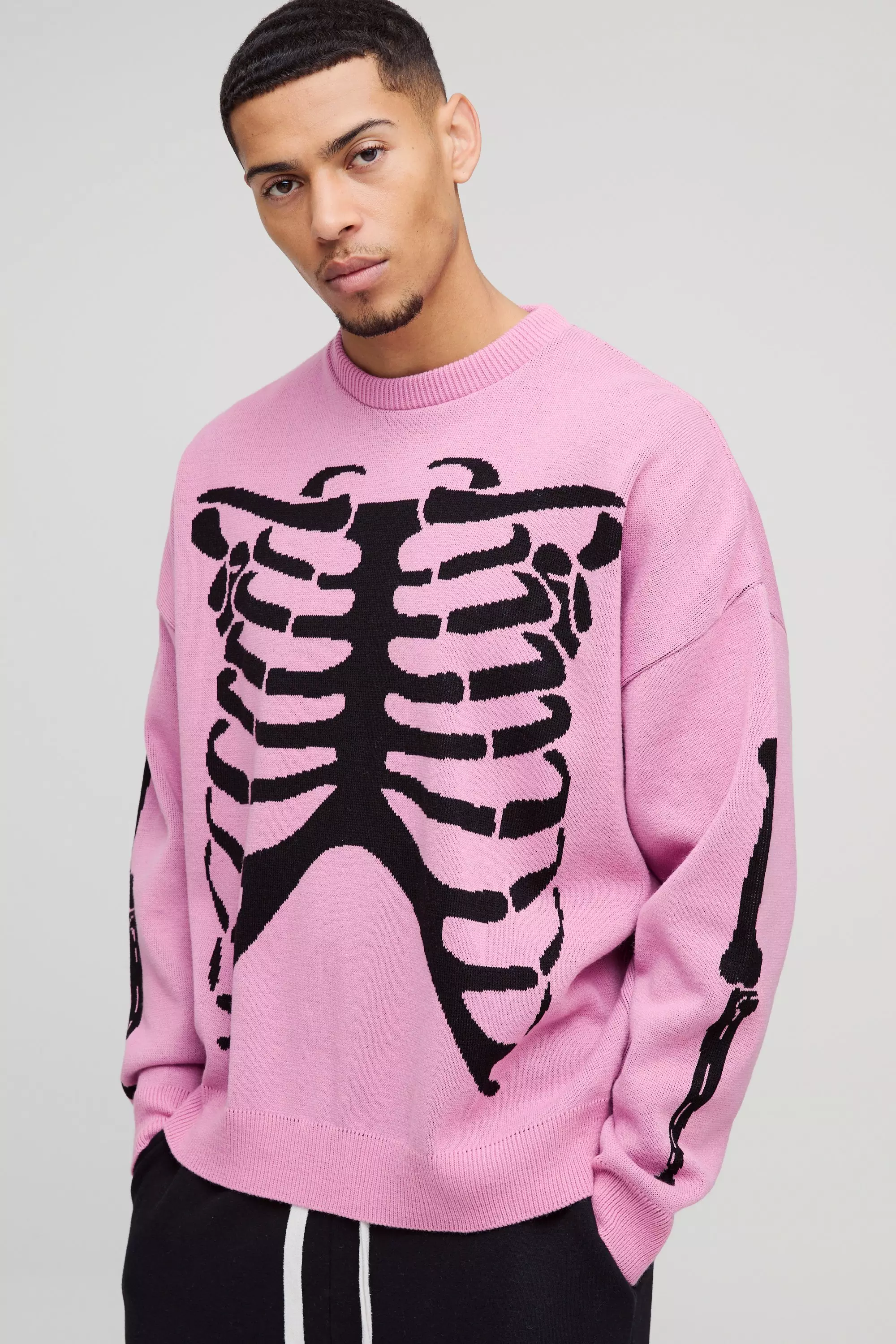 Pink Oversized Drop Shoulder Skeleton Print Knitted Jumper