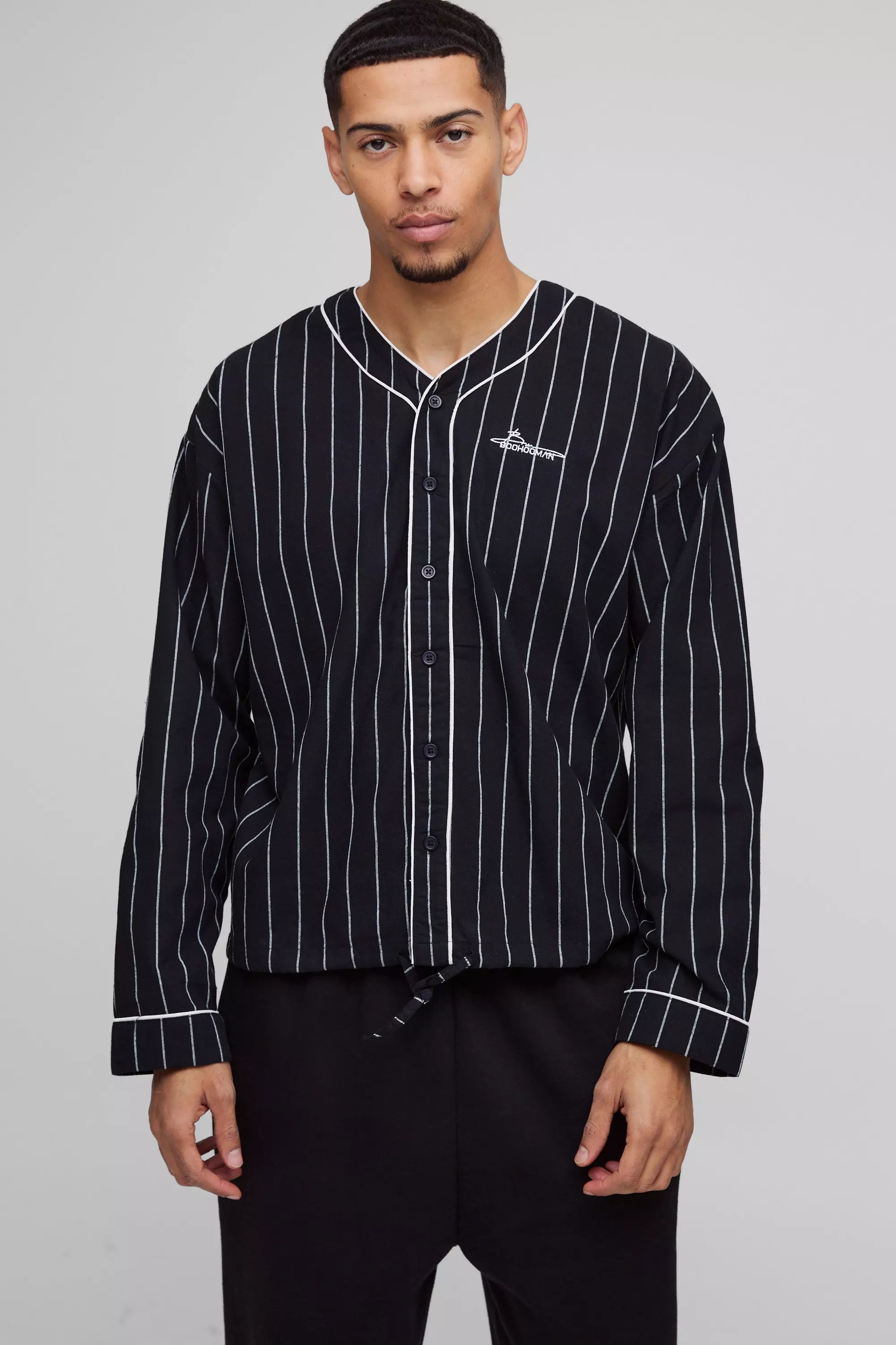 Oversized Boxy Contrast Piping Baseball Shirt Navy