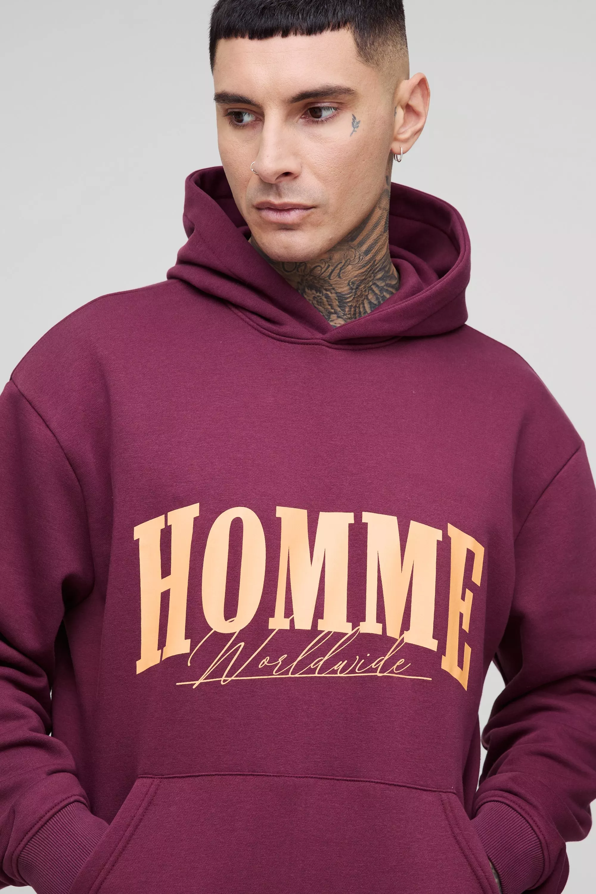 Felpa Tall squadrata oversize Homme con cappuccio, Burgundy immagine alternativa