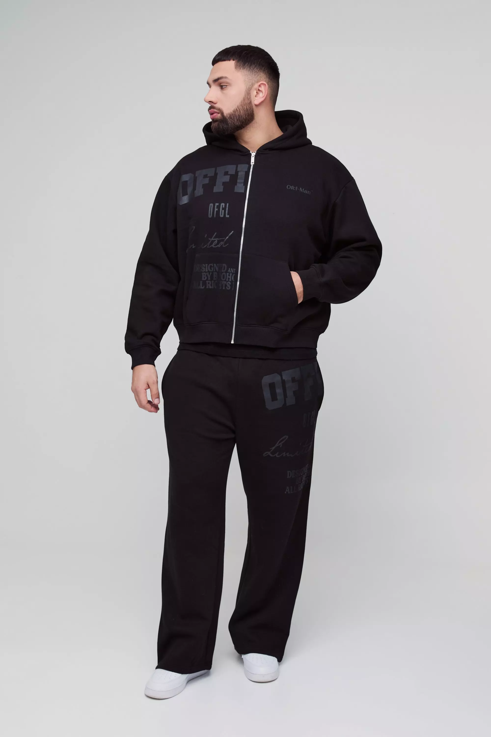 Plus Oversized Boxy Official Tonal Print Zip Hooded Tracksuit | boohooMAN USA