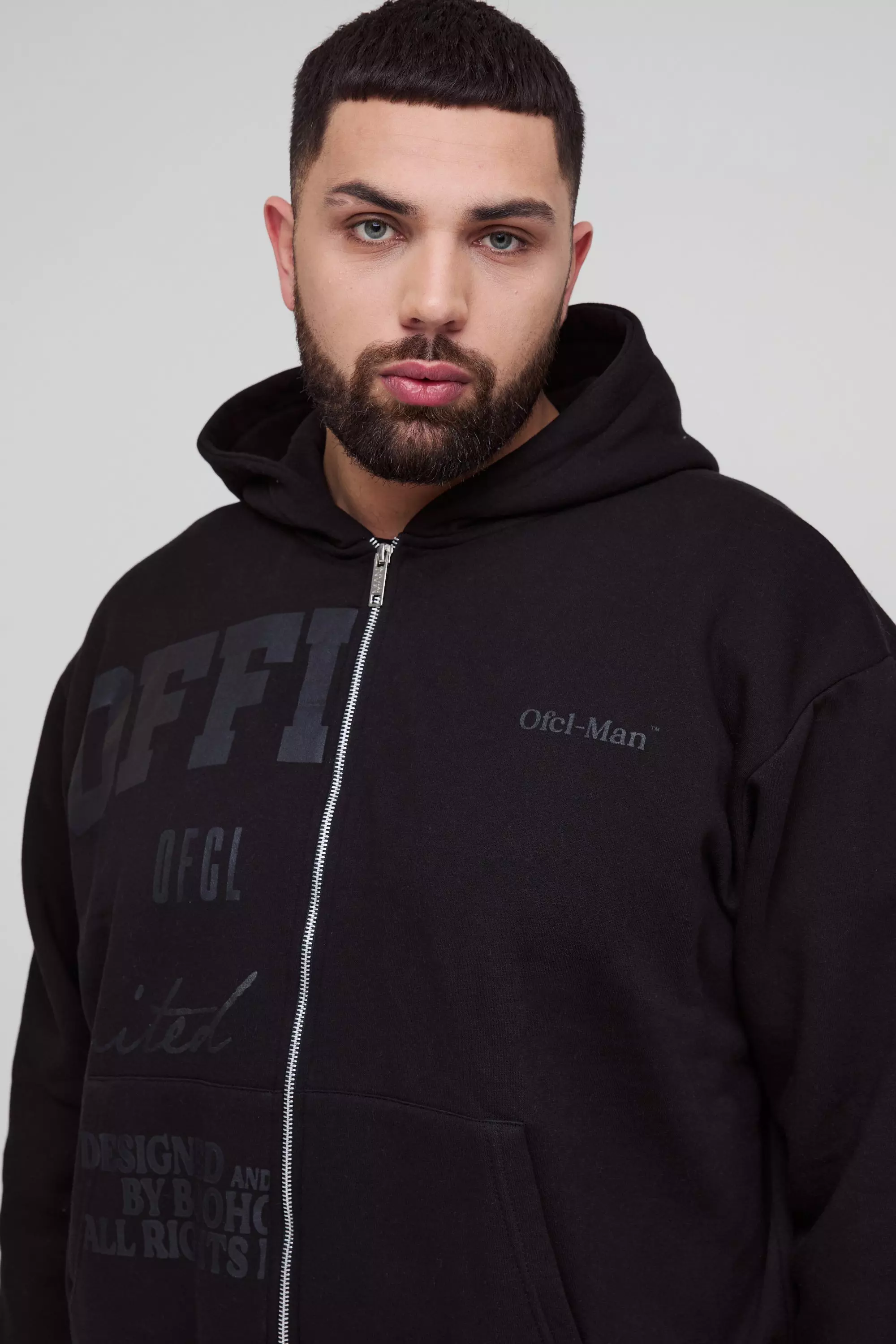 Plus Oversized Boxy Official Tonal Print Zip Hooded Tracksuit | boohooMAN USA