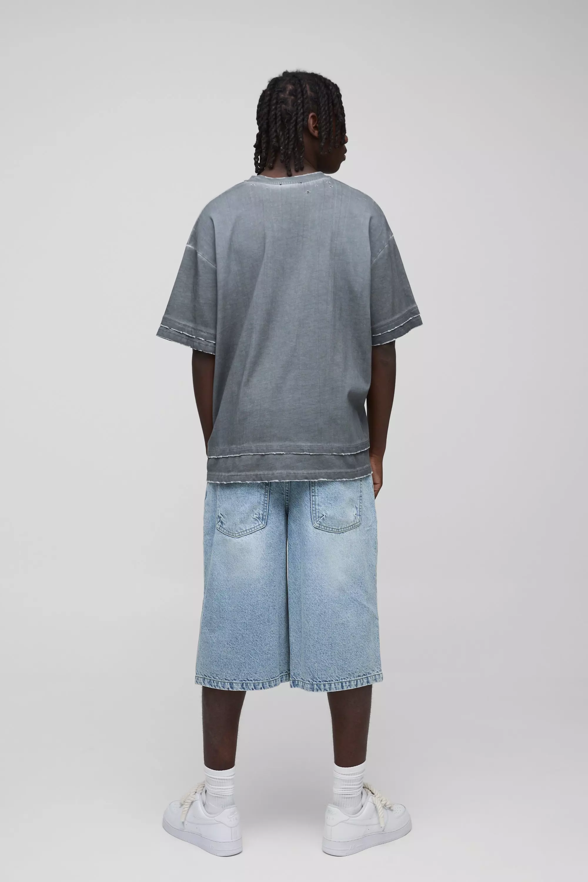 Long Line Denim Jorts In Light Blue | boohooMAN USA