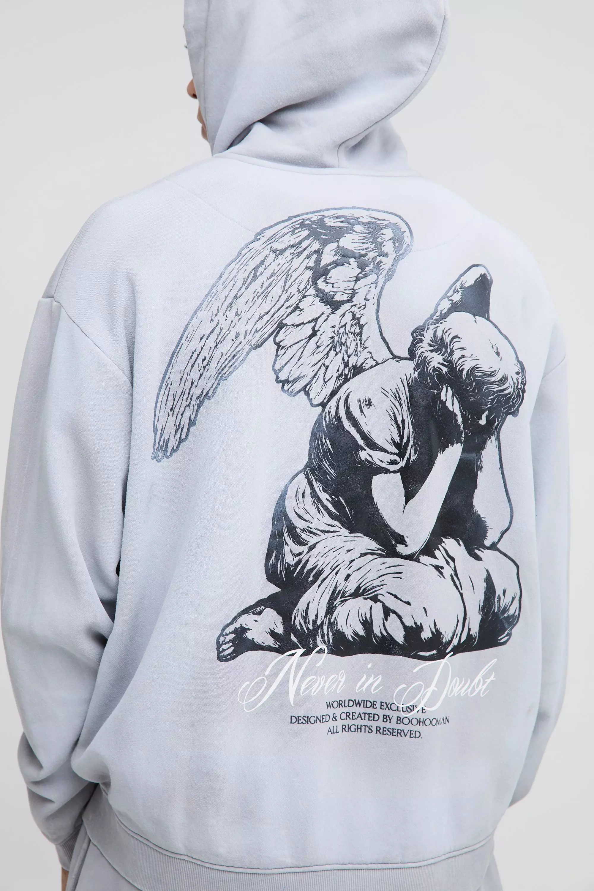 Grey Oversized Graphic Washed  Zip Through Hoodie alternative image