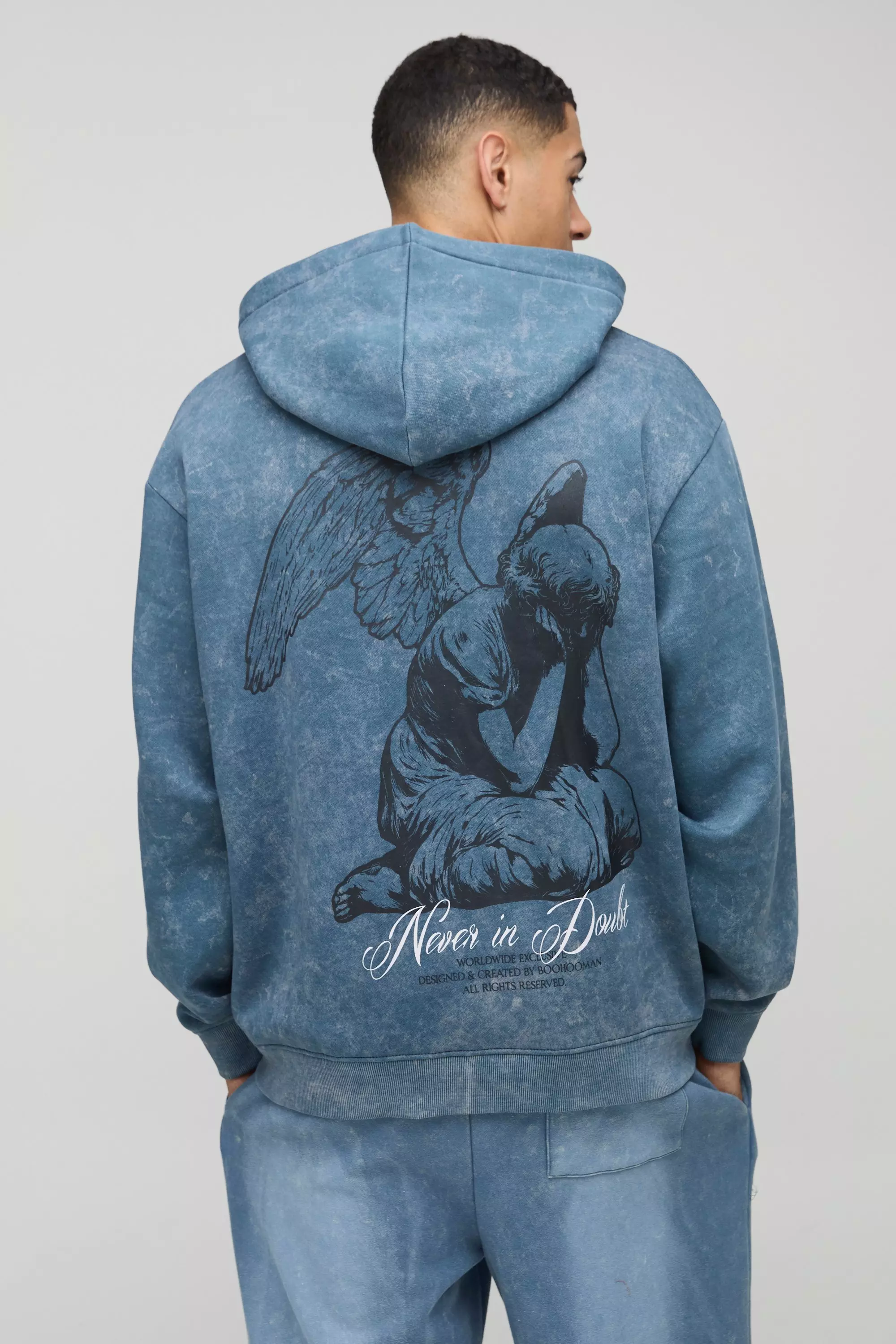 Blue Oversized Graphic Washed  Zip Through Hoodie alternative image