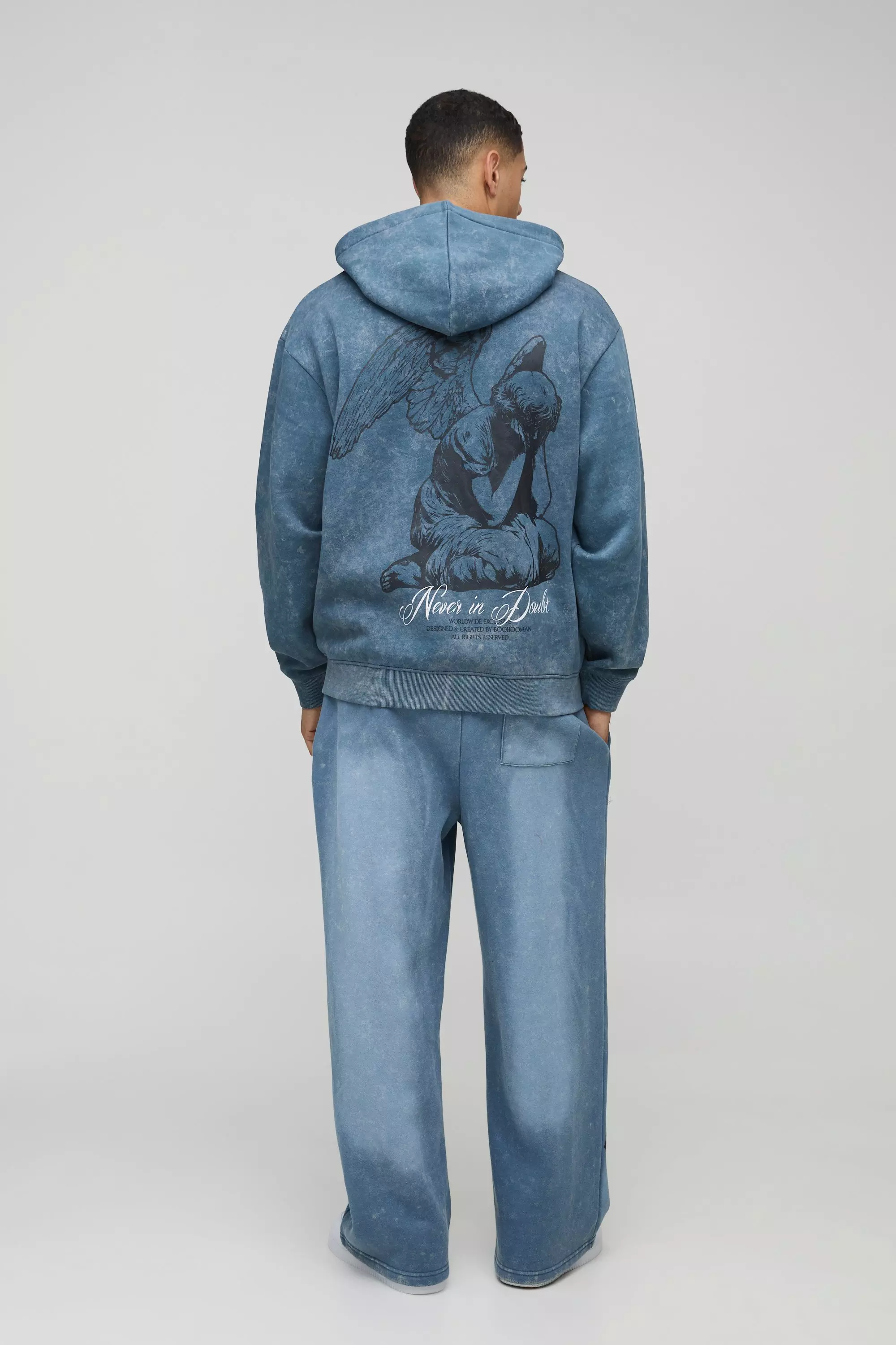 Blue Oversized Graphic Washed  Zip Through Hoodie alternative image
