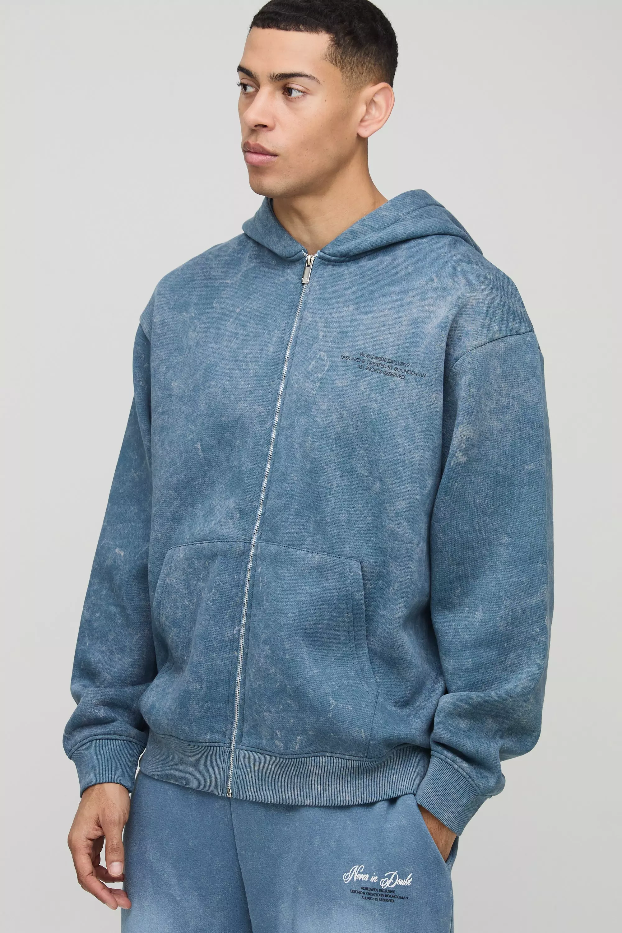 Blue Oversized Graphic Washed  Zip Through Hoodie alternative image