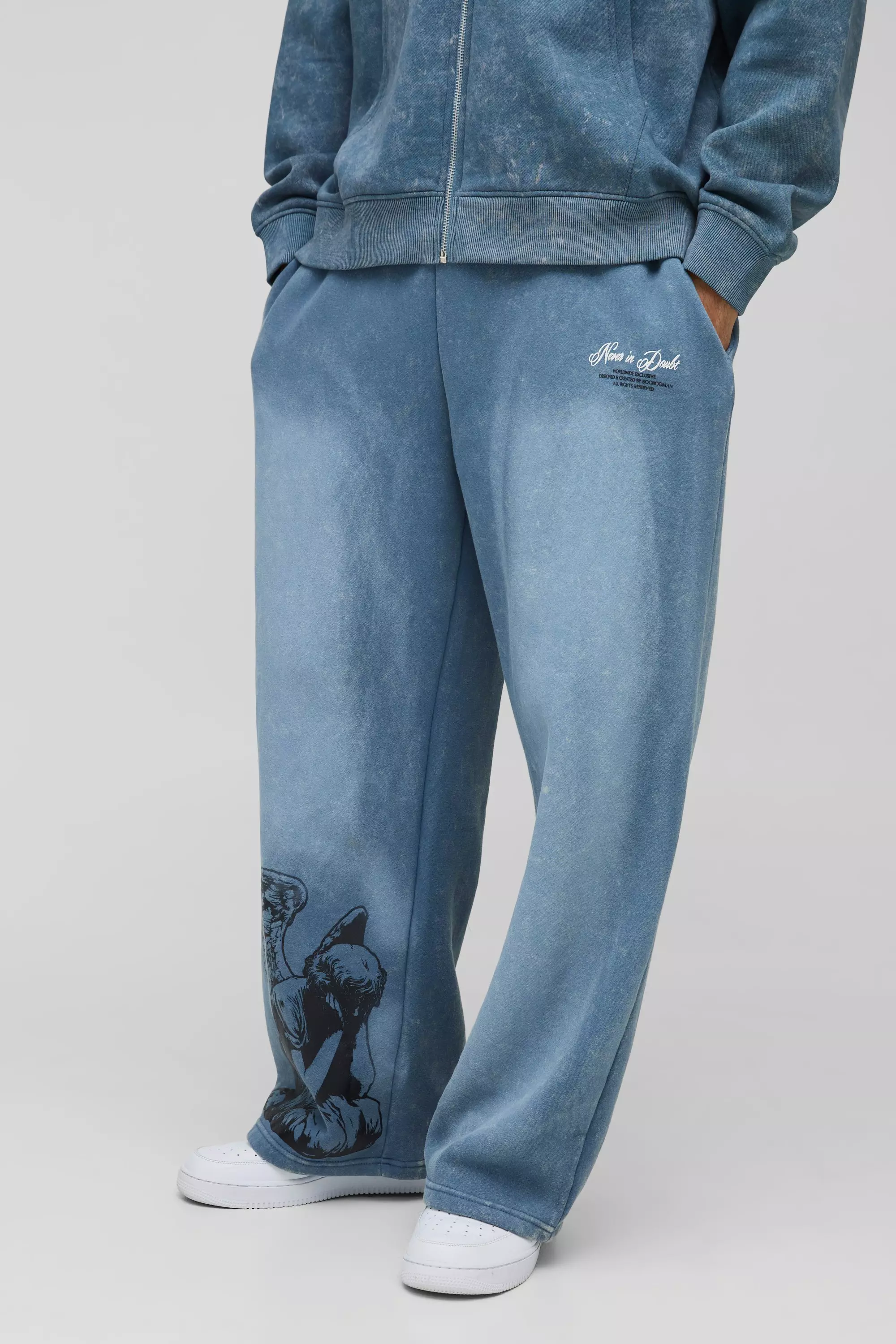 Blue Wide Leg Graphic Washed Sweatpants alternative image