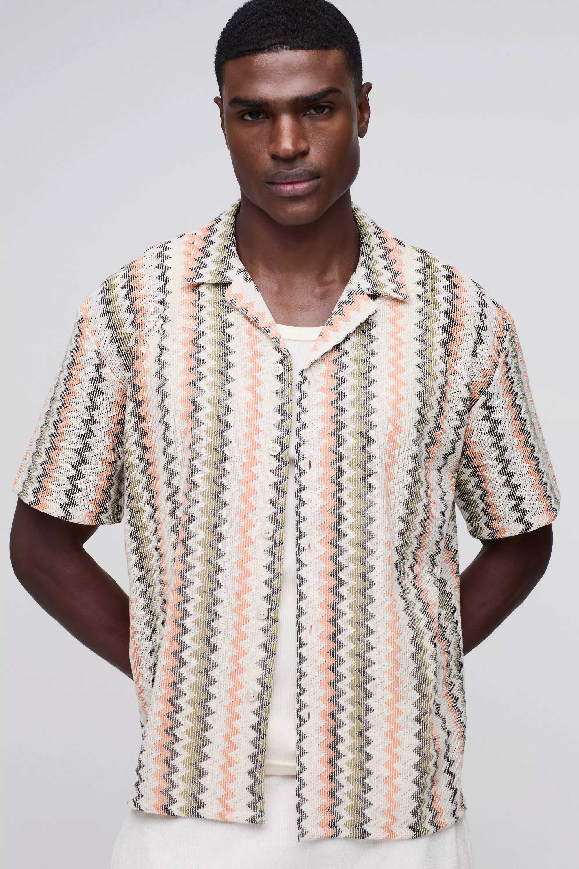 Green Open Weave Striped Pocket Oversized Shirt alternative image