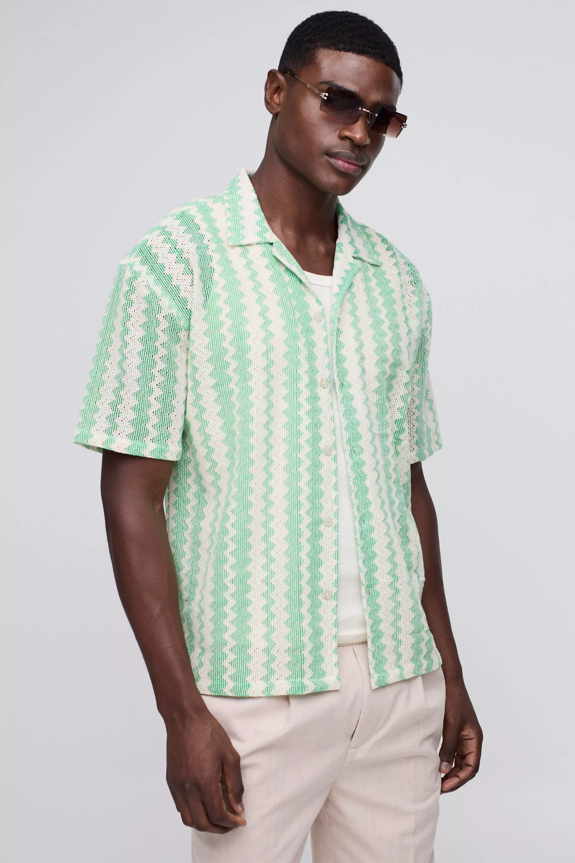 Short Sleeve Drop Revere Zig Zag Open Weave Shirt Green