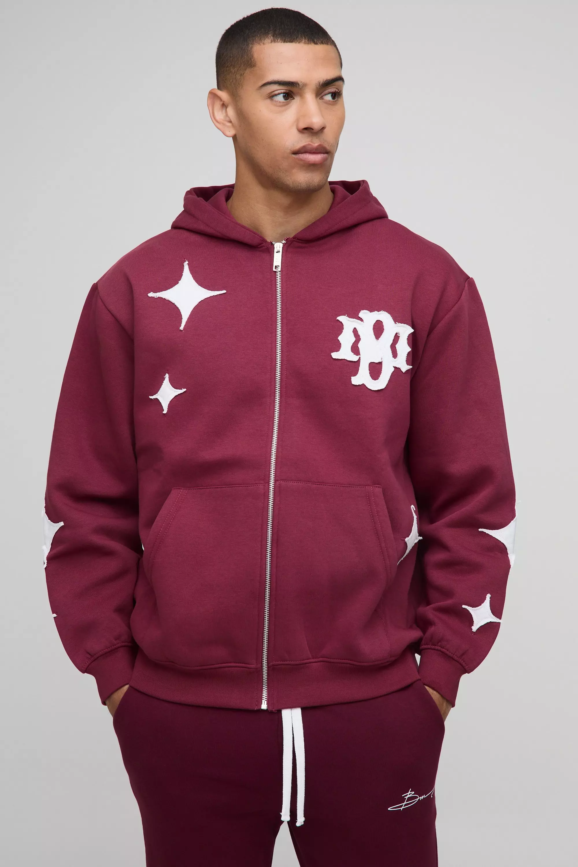 Burgundy Oversized BM Vest Met Capuchon En Sterren alternatieve afbeelding