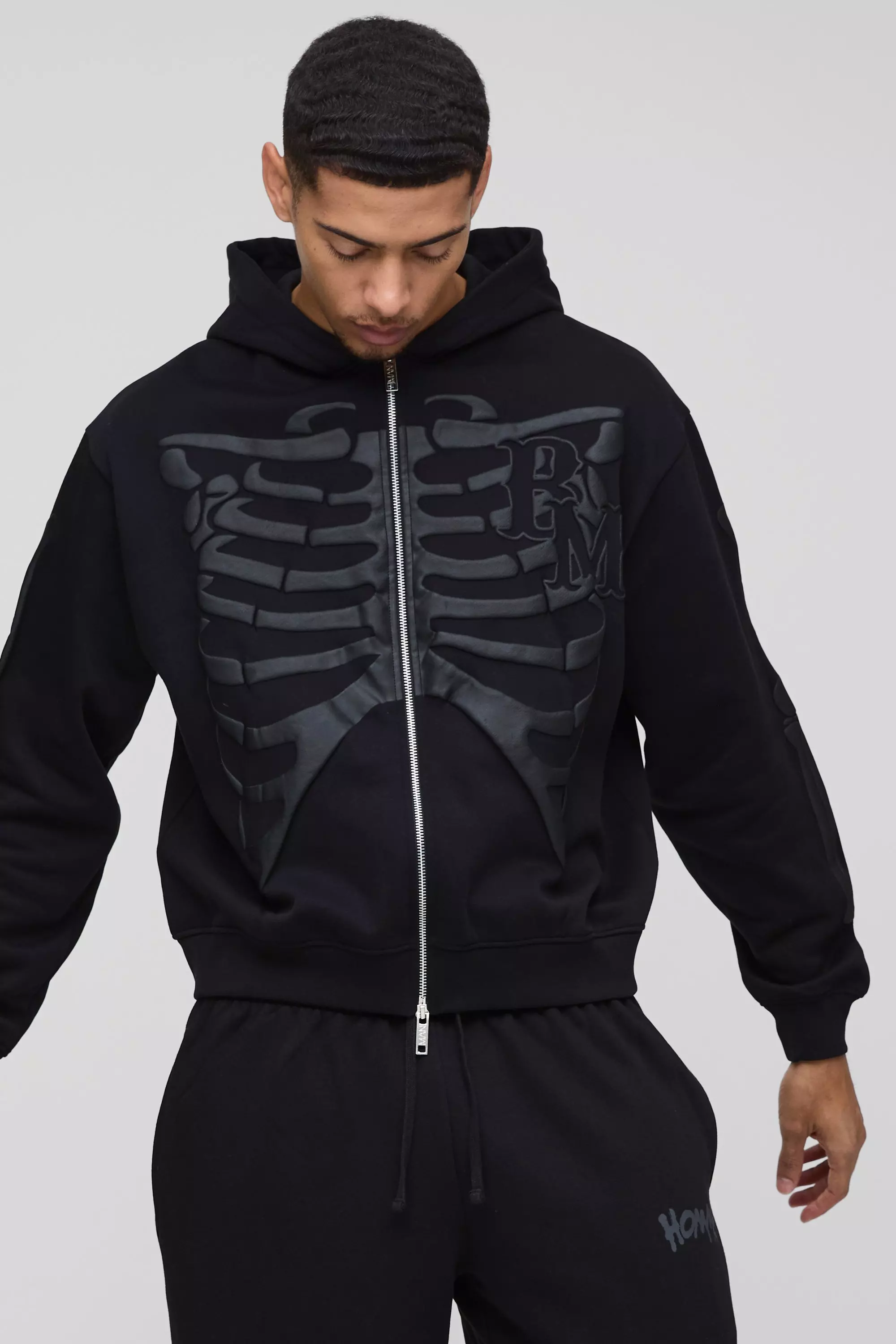 Oversized Skeleton Puff Print Zip Through Hoodie | boohooMAN USA