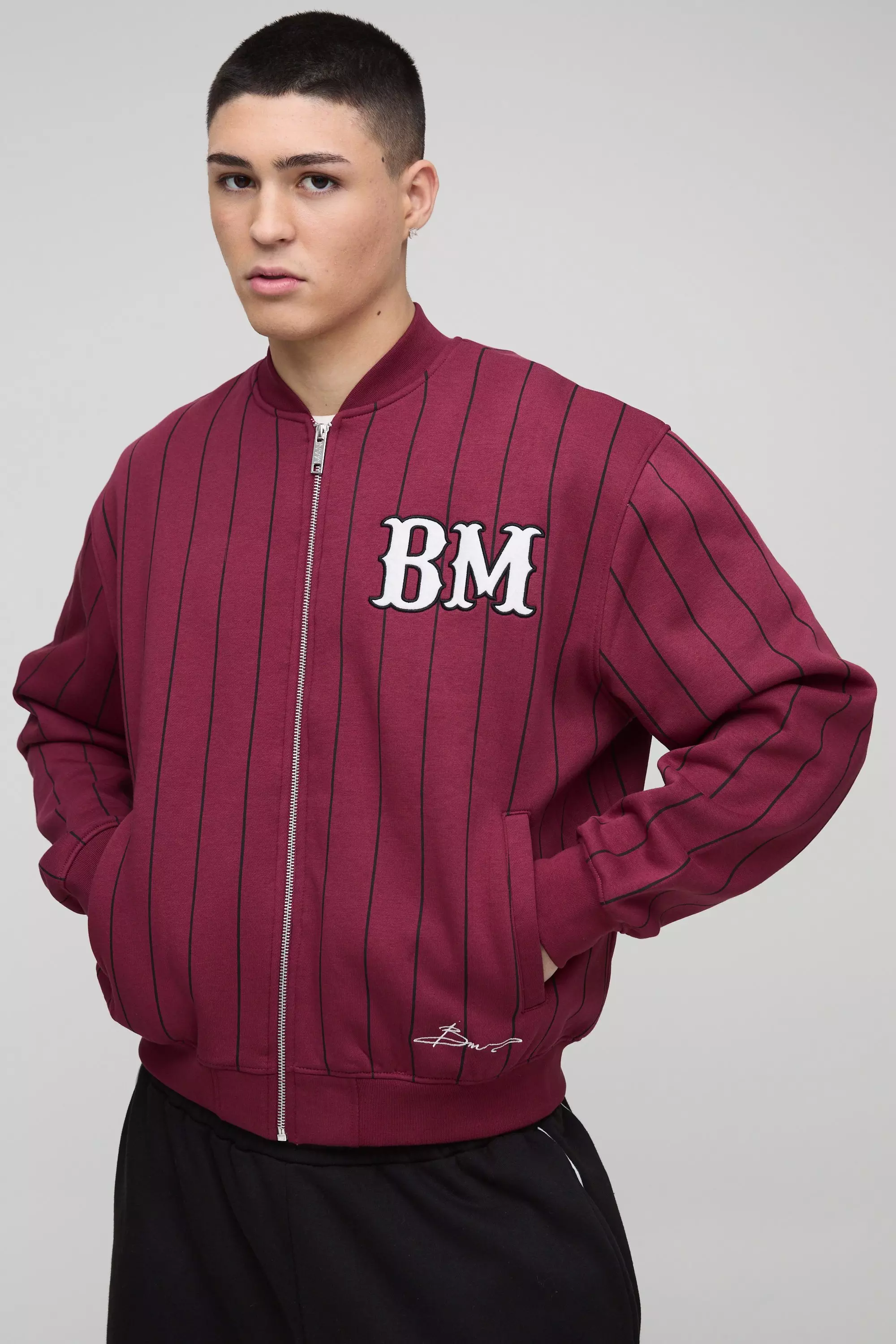 Red Oversized BM Pinstripe Jersey Bomber Jacket alternative image