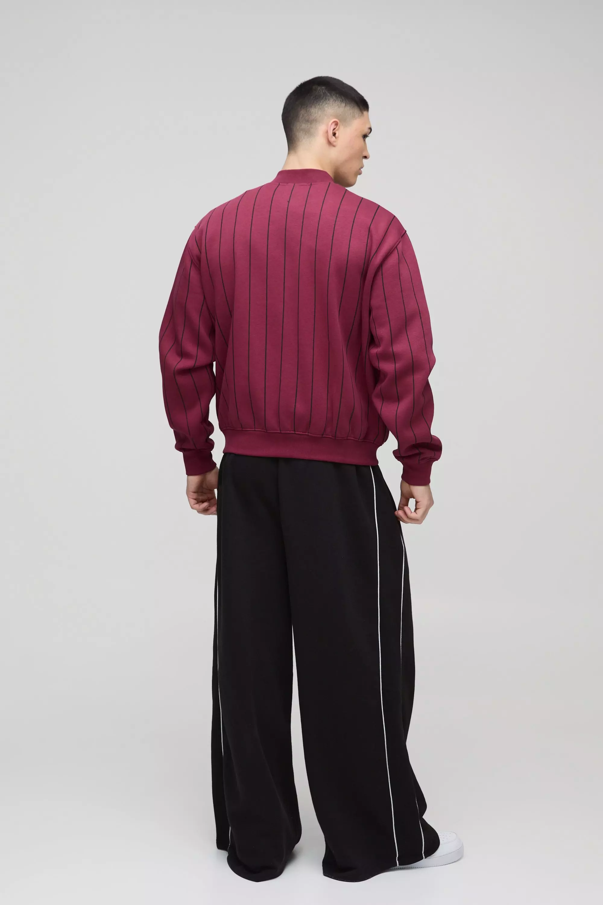 Red Oversized BM Pinstripe Jersey Bomber Jacket alternative image