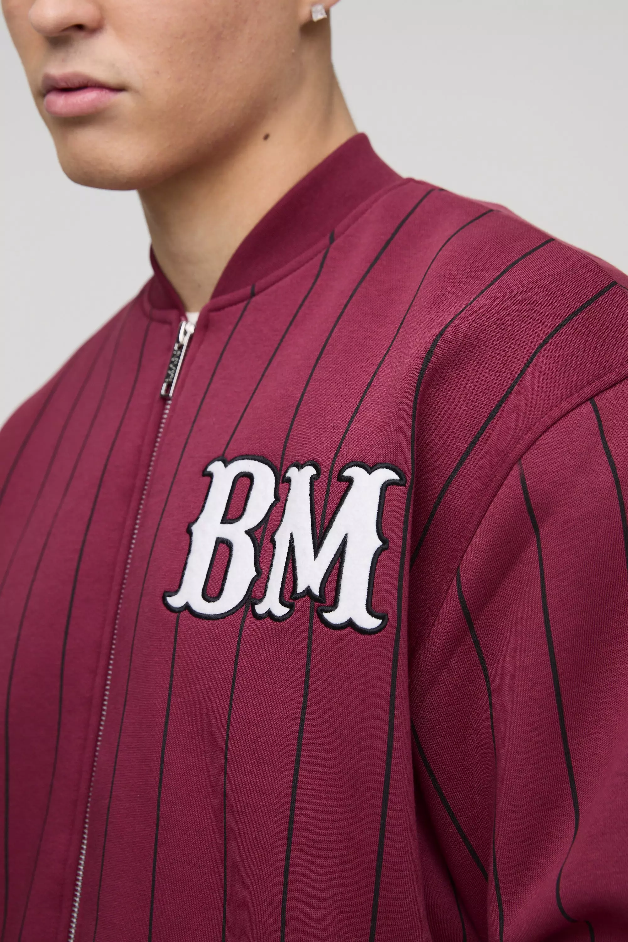 Red Oversized BM Pinstripe Jersey Bomber Jacket alternative image