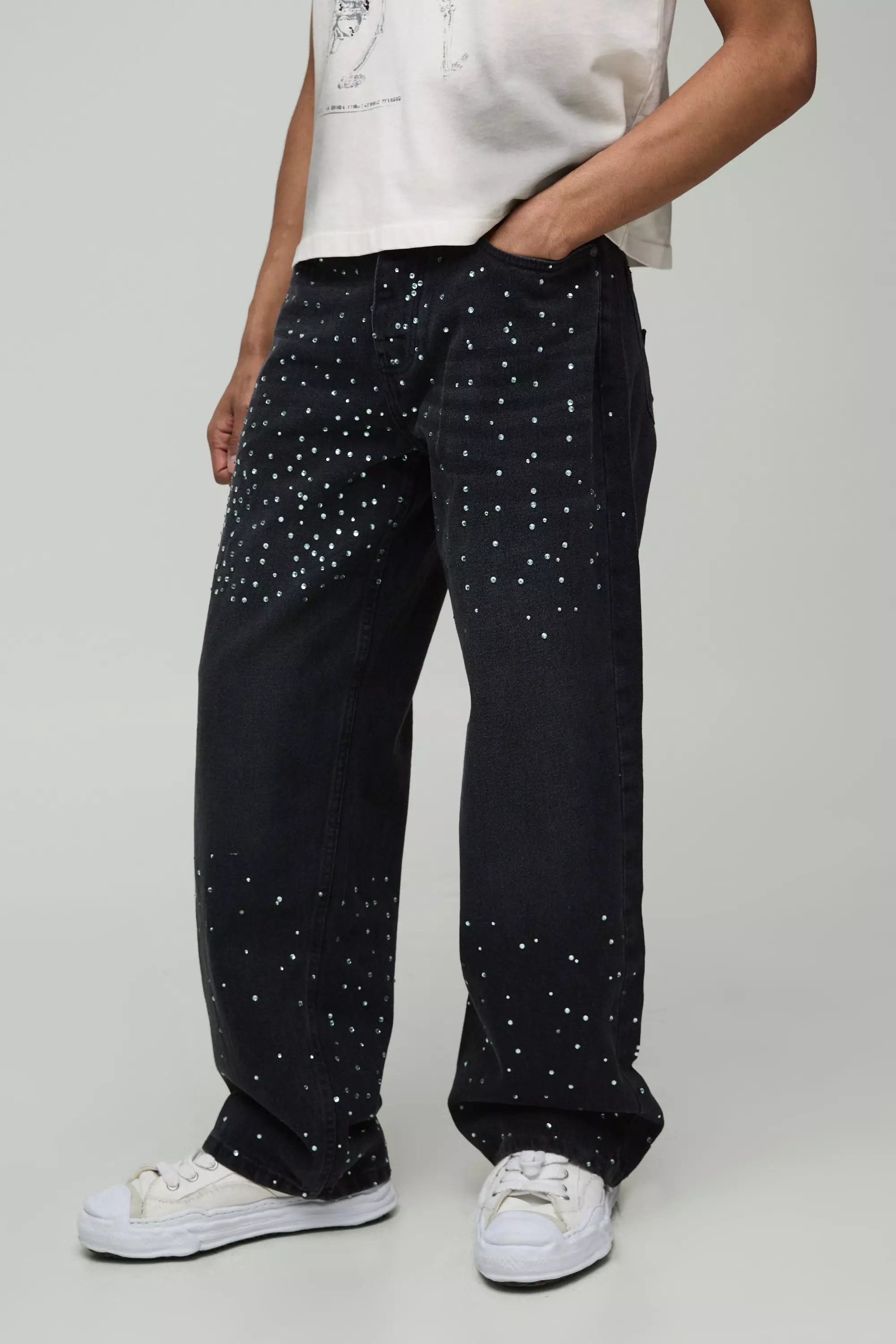 Washed black Baggy Jeans Met Steentjes En Sterren Zakken alternatieve afbeelding