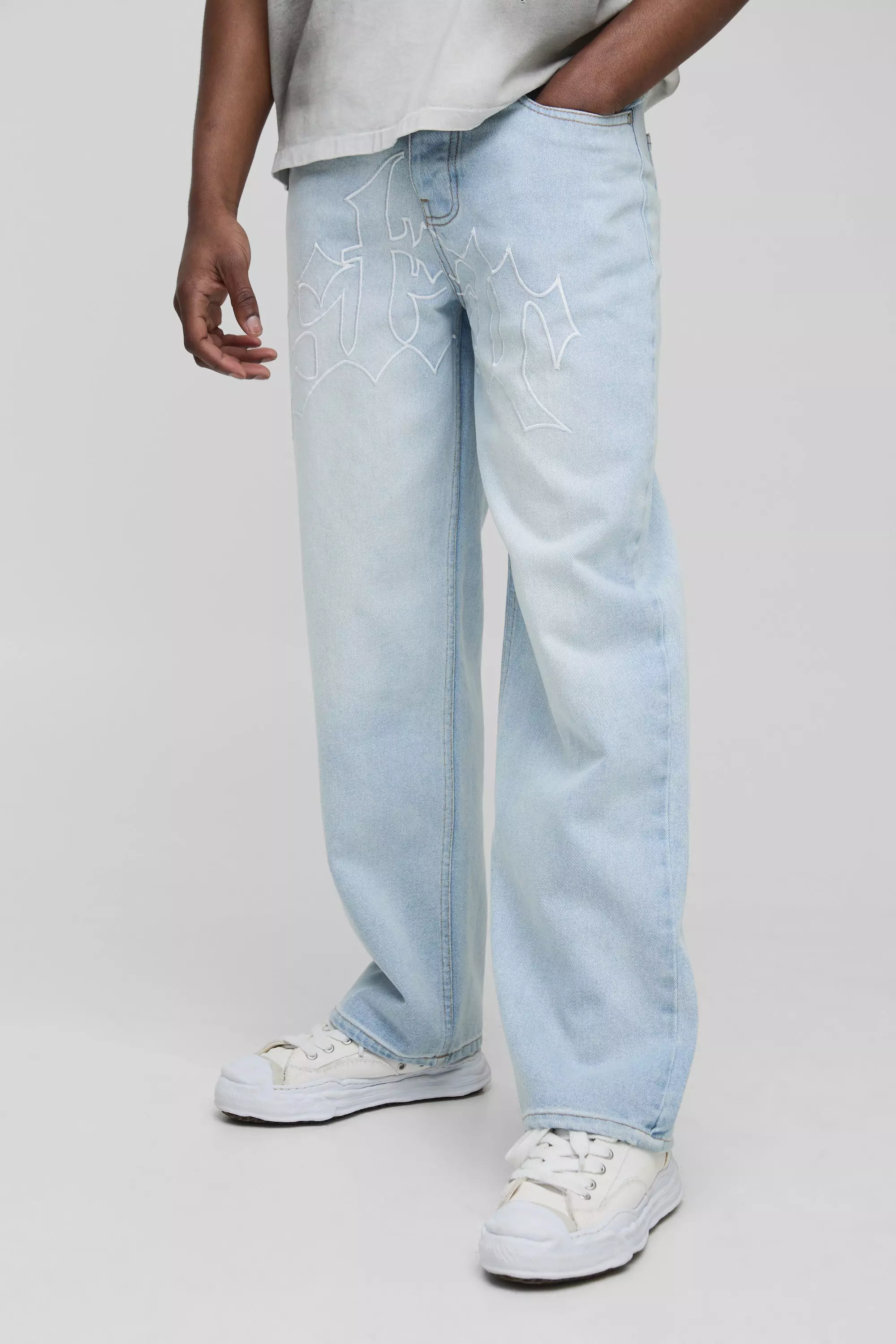 Embroidered Star Pocket Detail Relaxed Fit Jeans | boohooMAN UK
