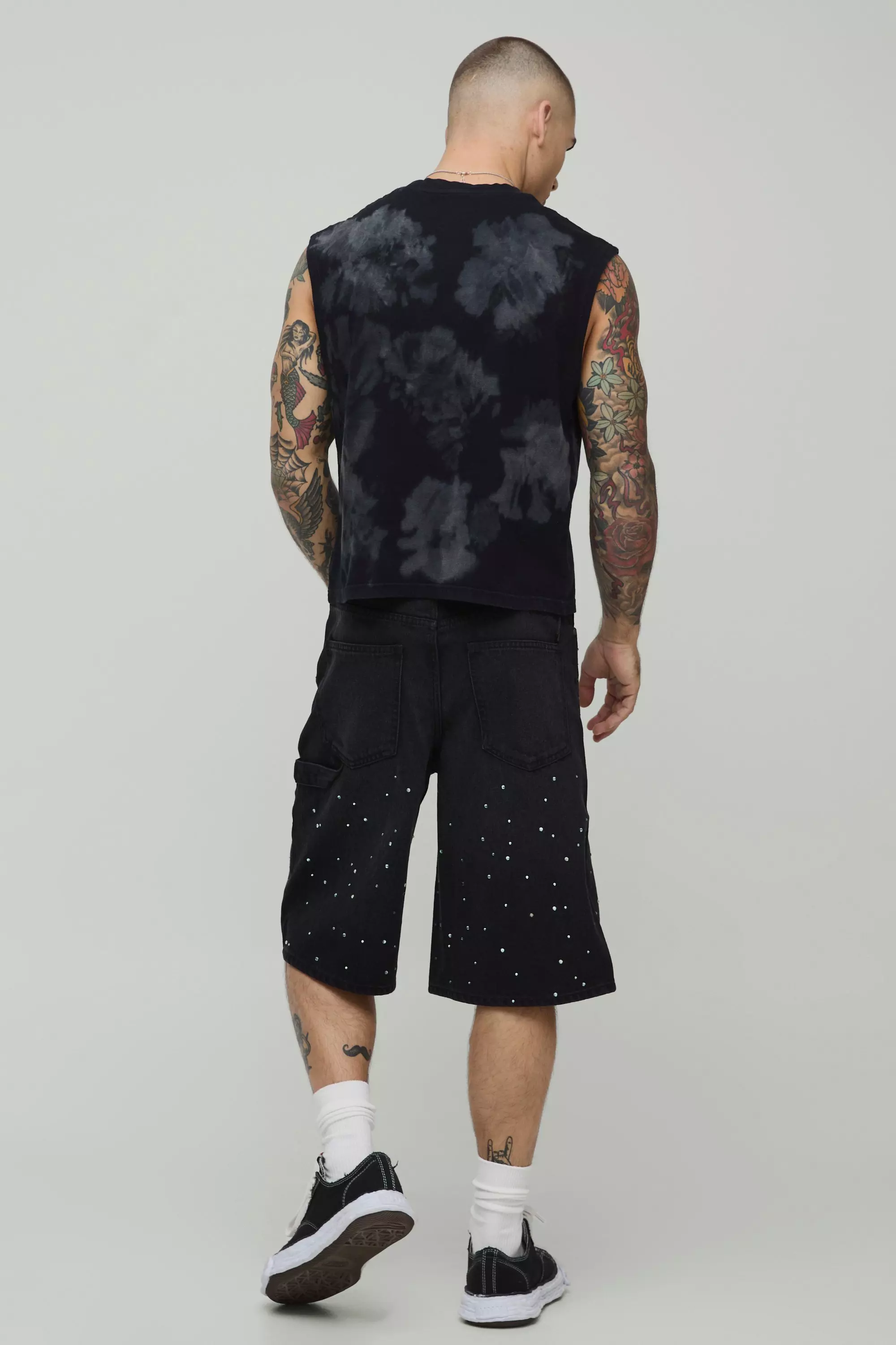 All Over Rhinestone Overdye Jorts | boohooMAN USA