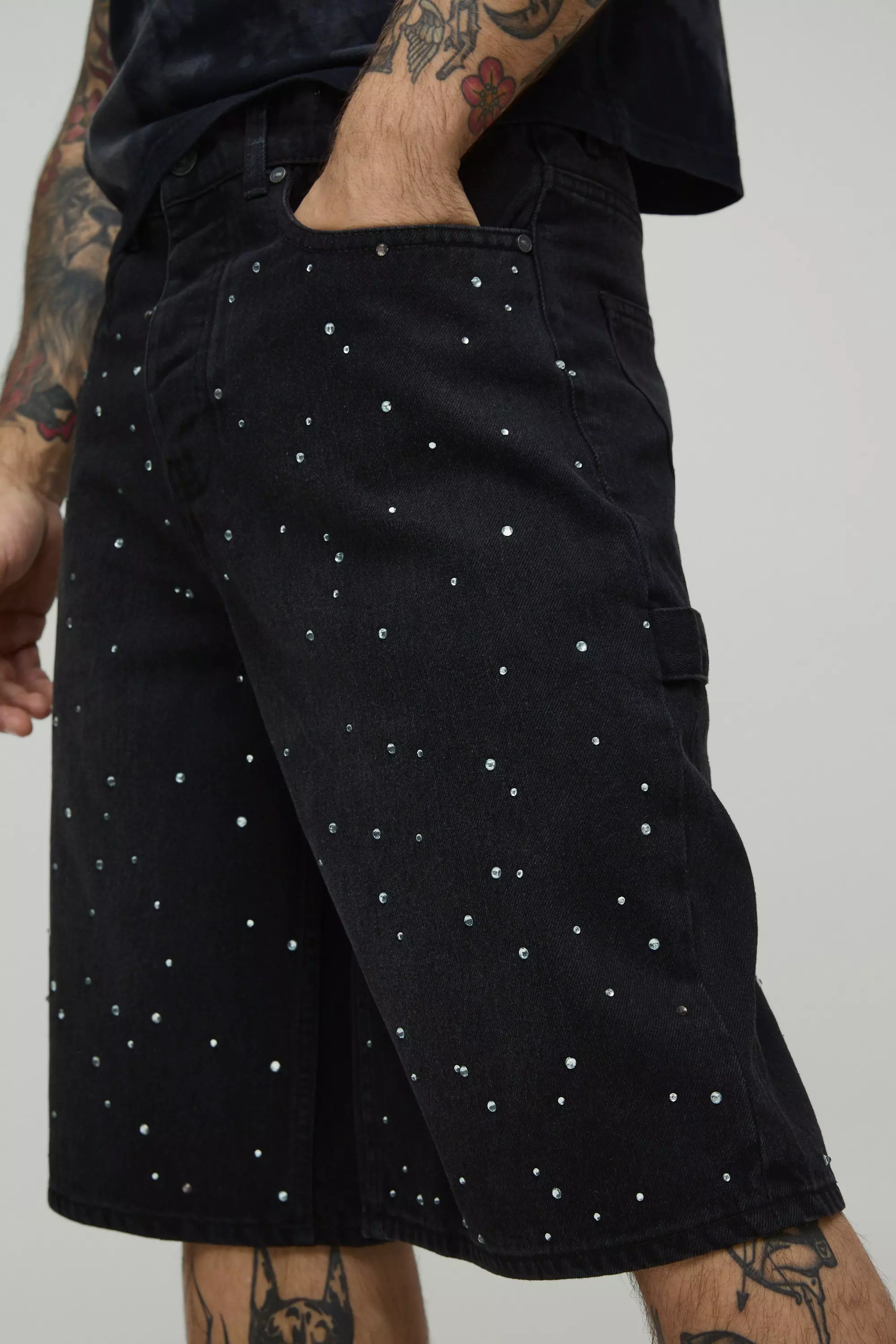 All Over Rhinestone Overdye Jorts | boohooMAN USA