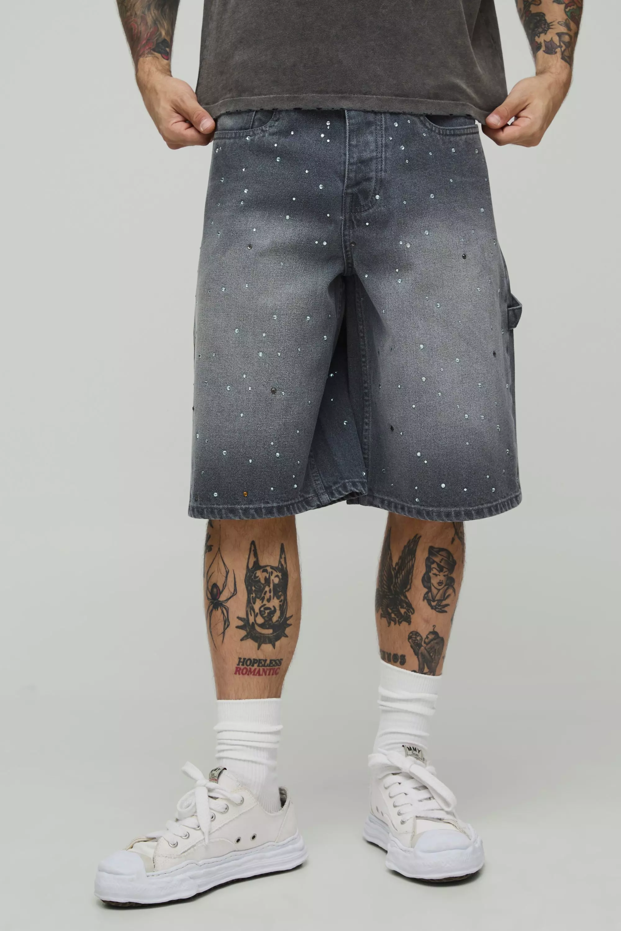 Grey All Over Rhinestone Overdye Jorts alternative image