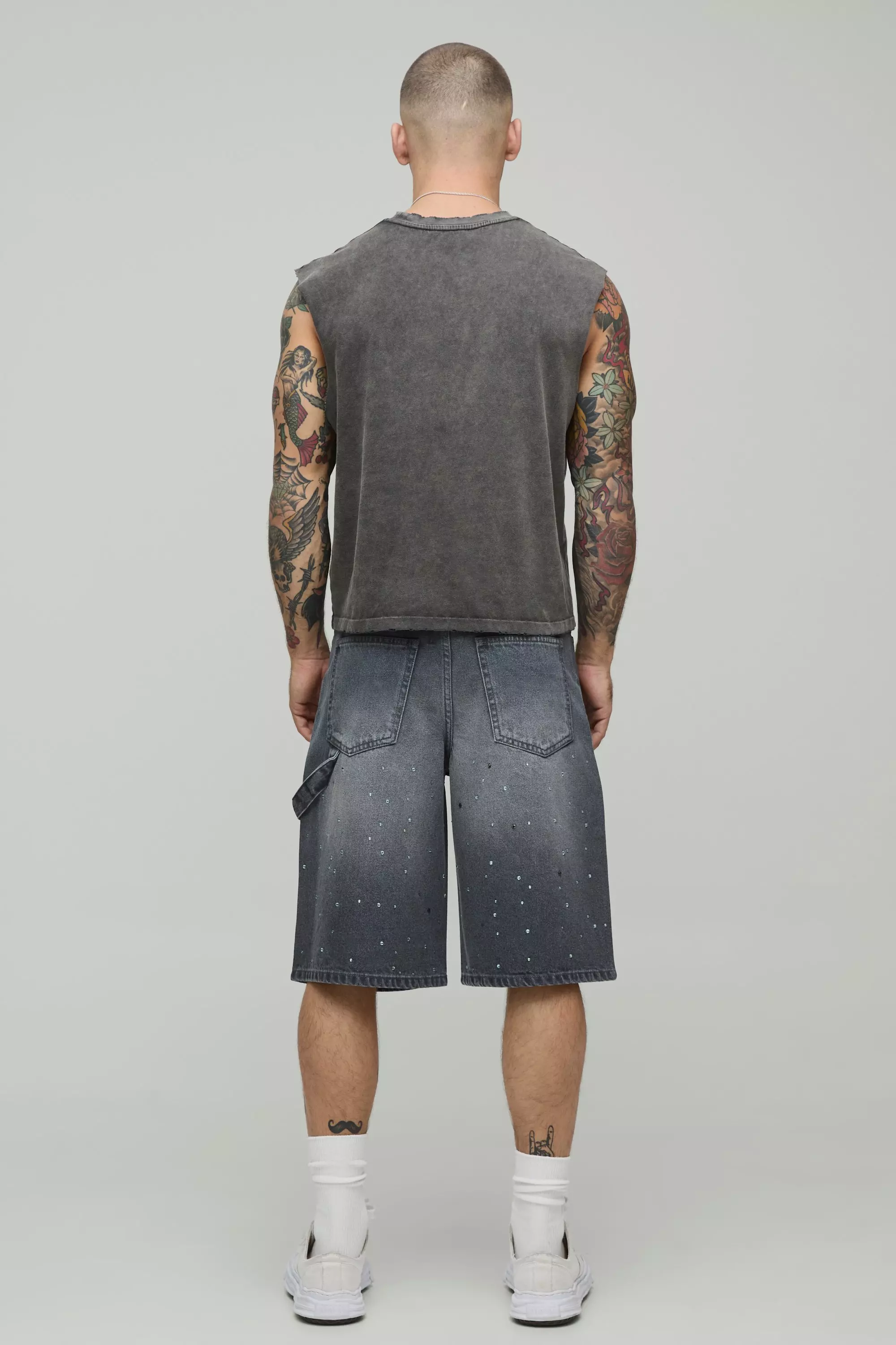 Grey All Over Rhinestone Overdye Jorts alternative image