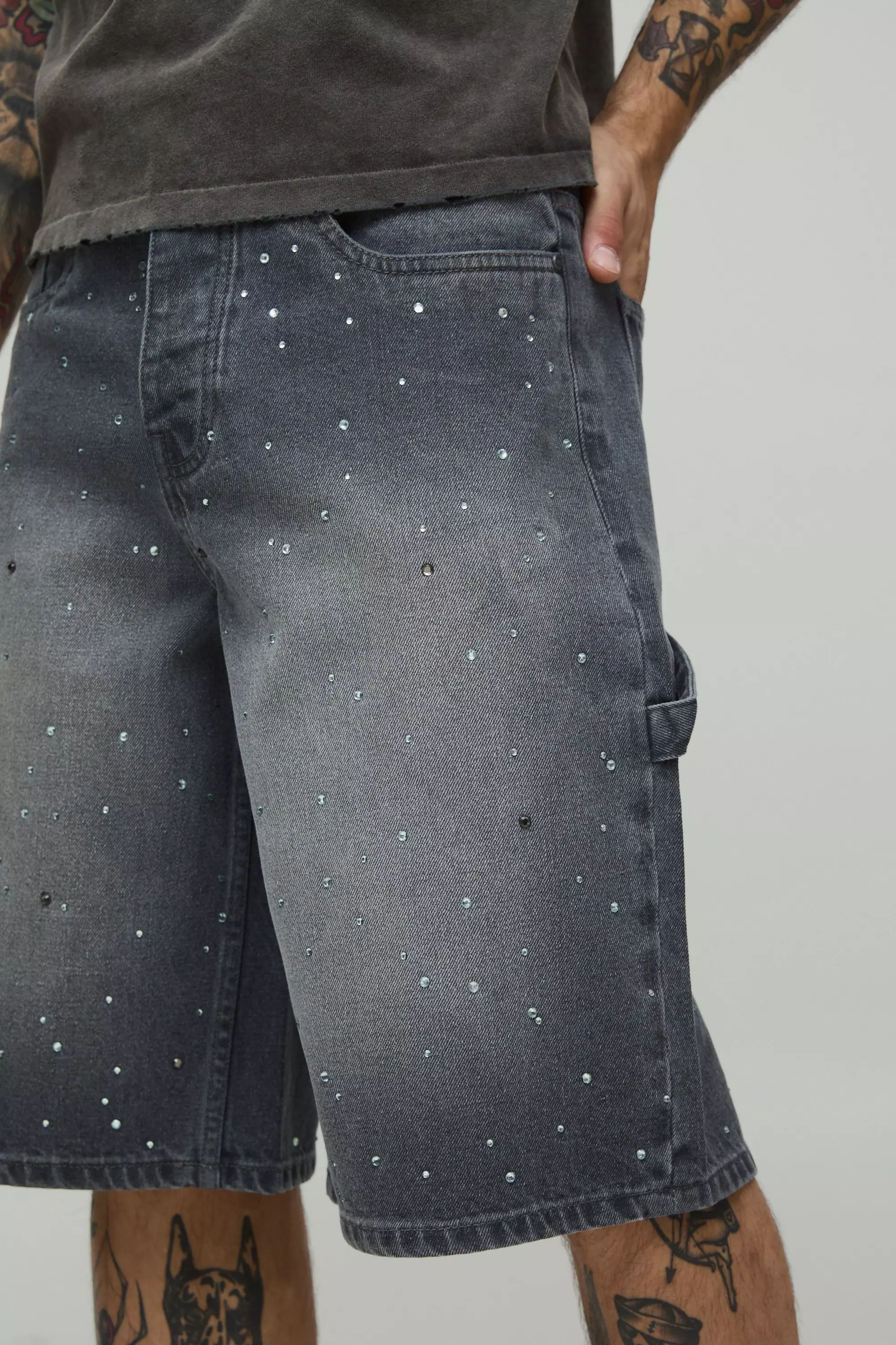 Grey All Over Rhinestone Overdye Jorts alternative image