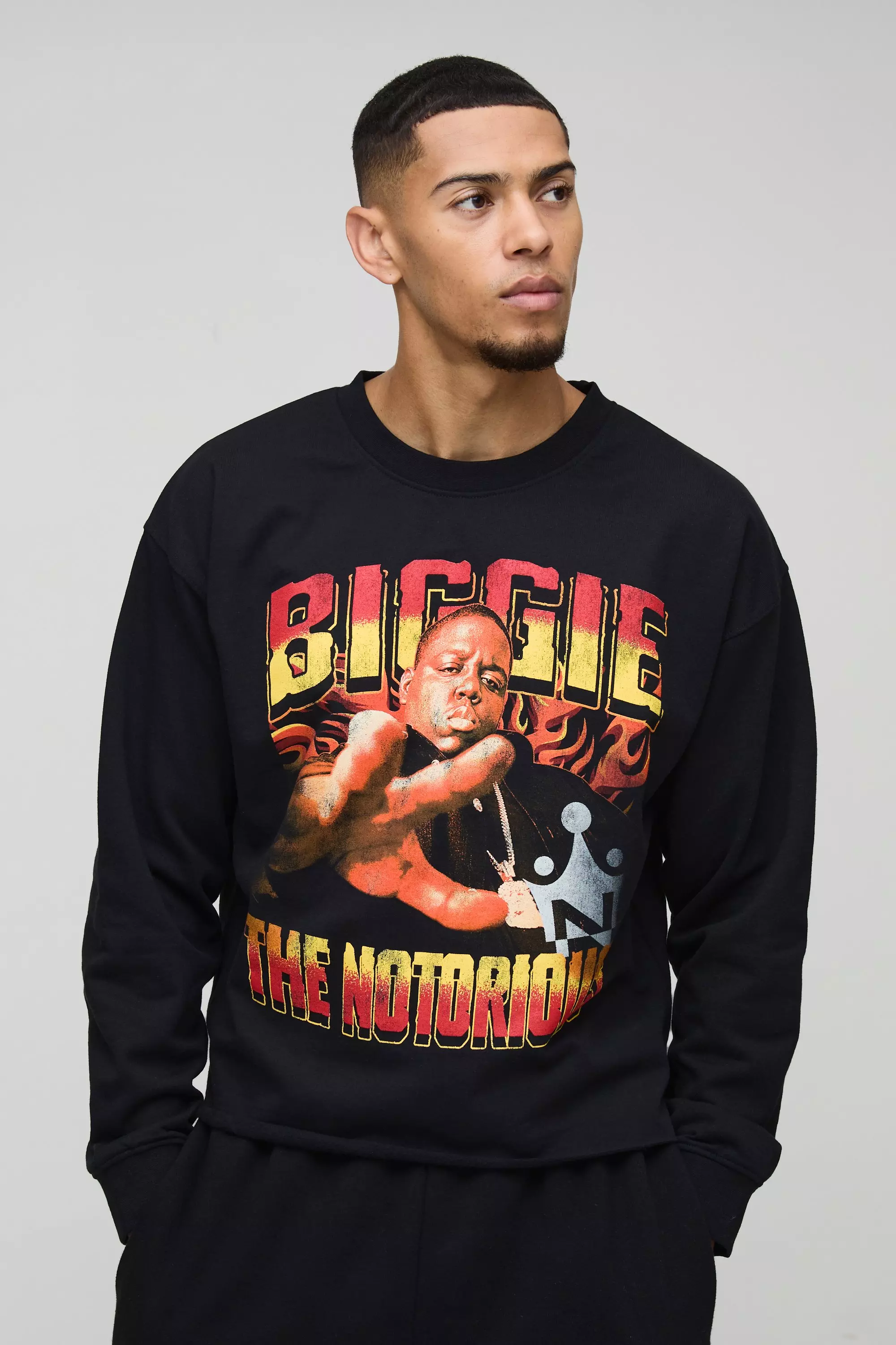 Oversized Boxy Biggie Raw Hem License Print Sweatshirt Black