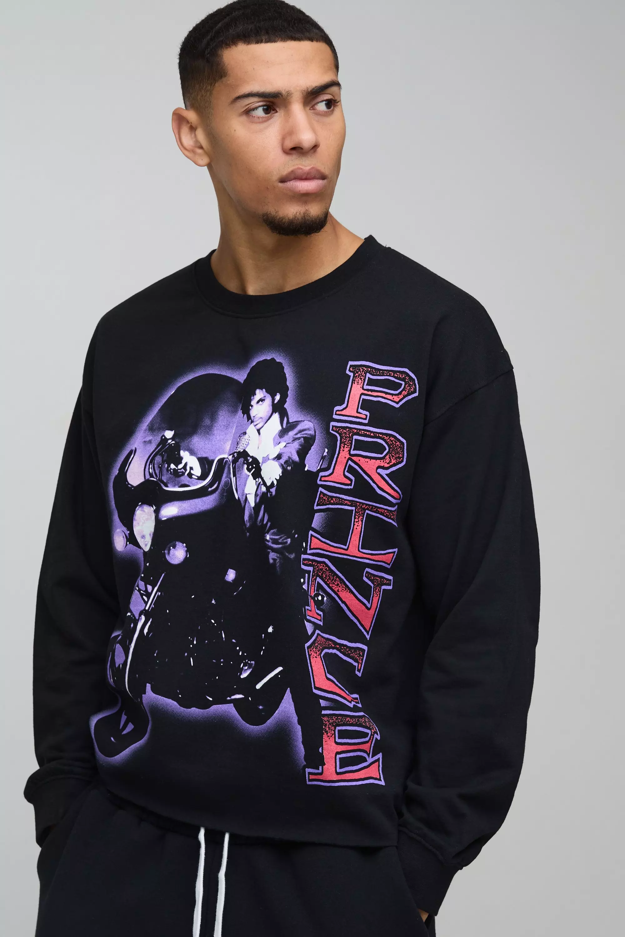 Oversized Prince Raw Hem License Print Sweatshirt Black