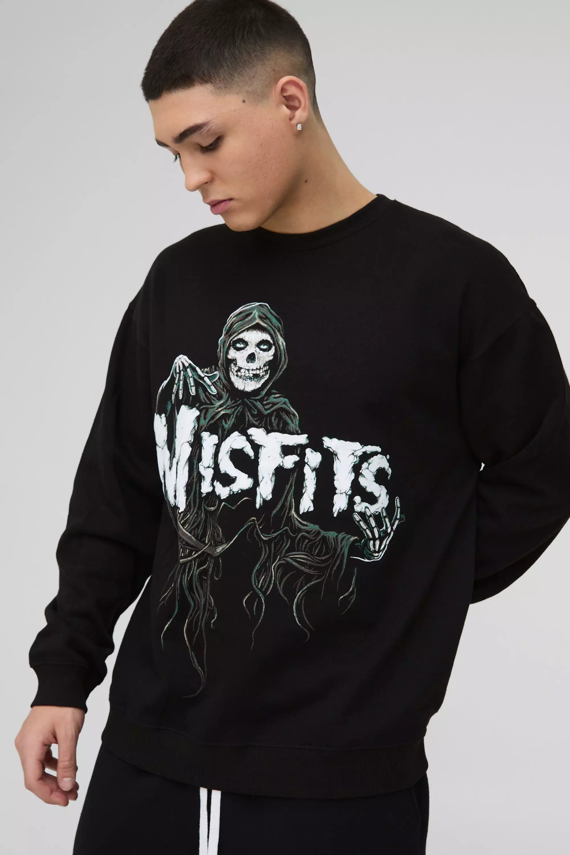 Oversized Misfits Band License Print Sweatshirt Black