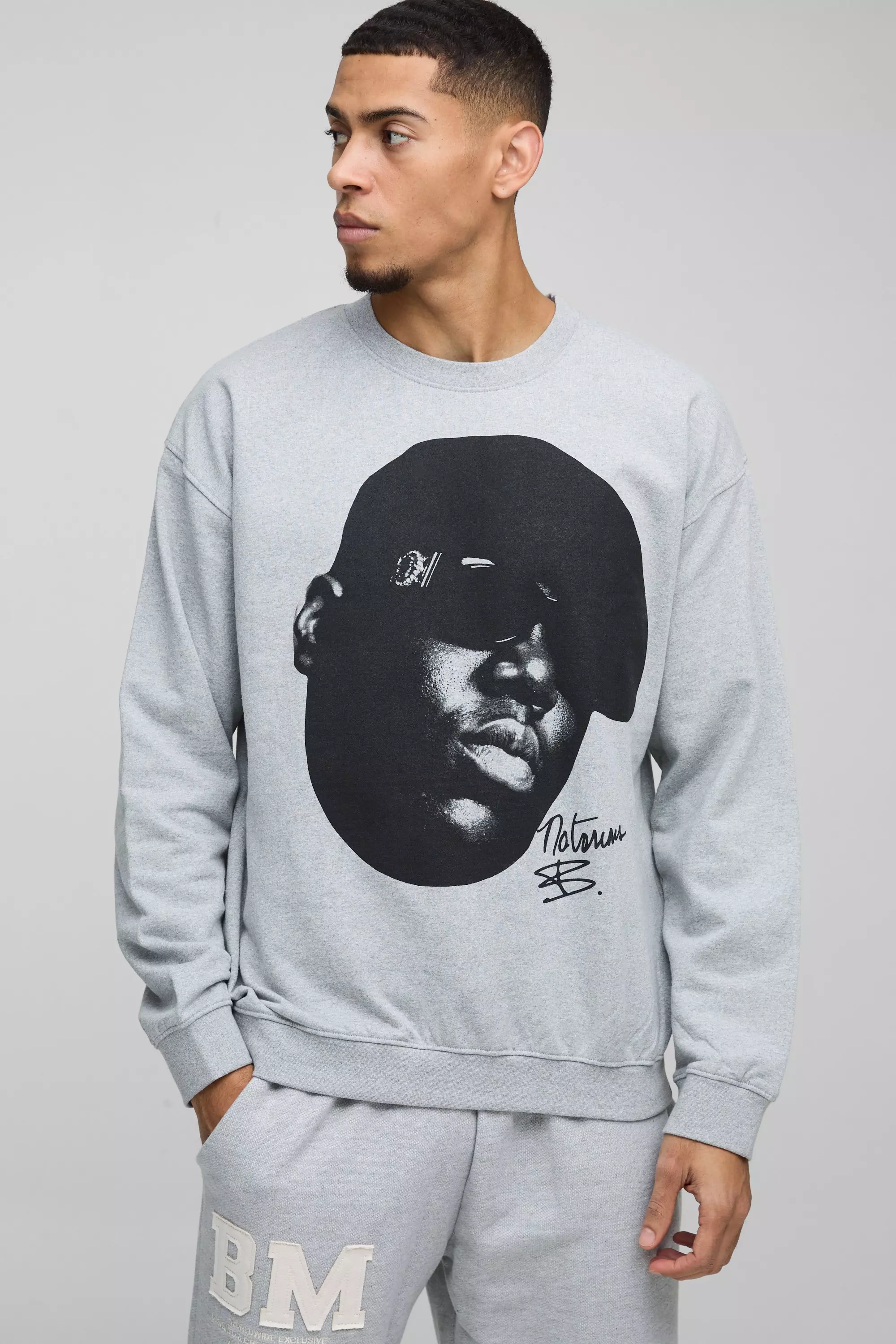 Oversized Biggie Face License Print Sweatshirt Grey