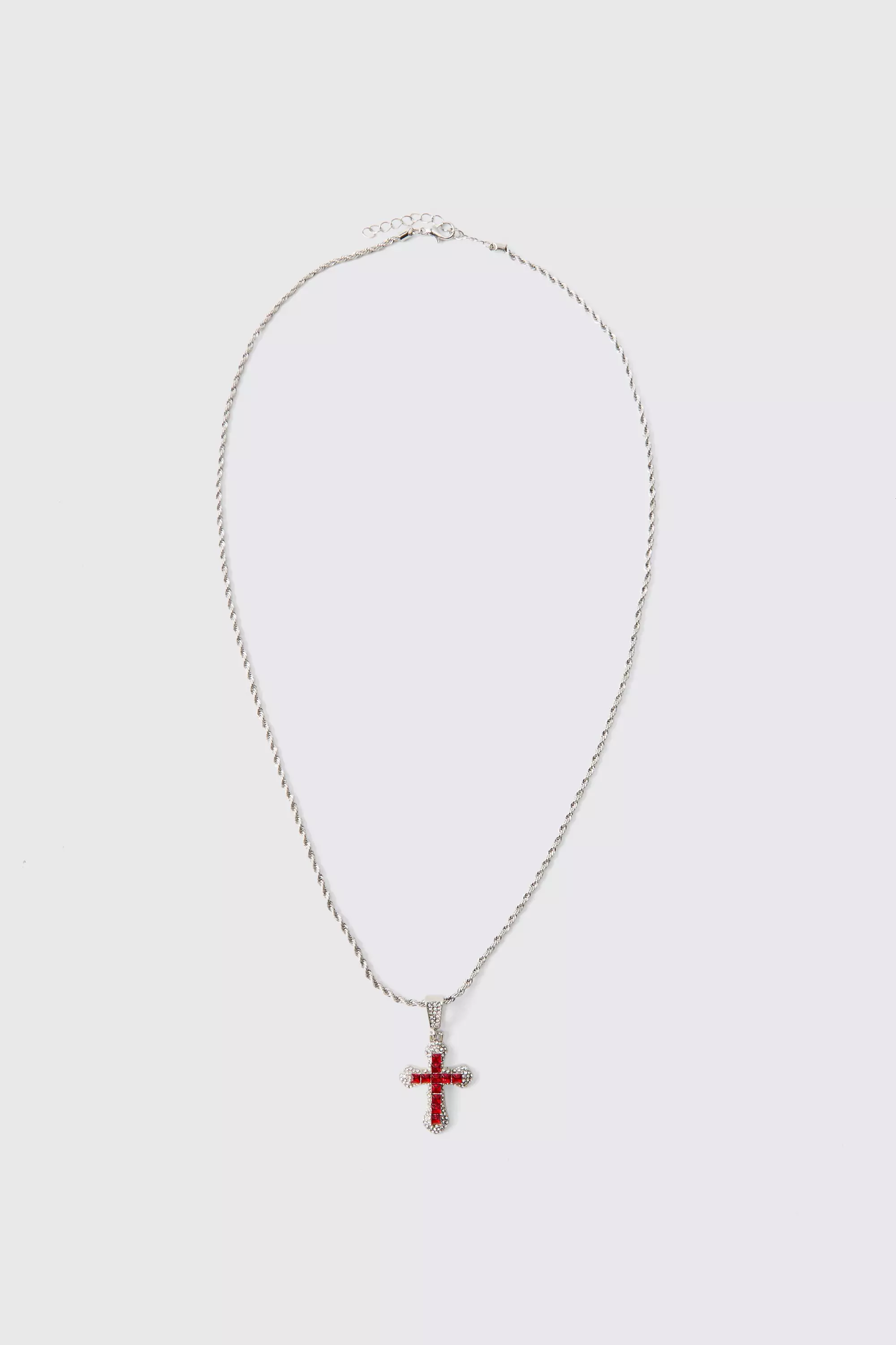 Iced Pink Cross Necklace Silver