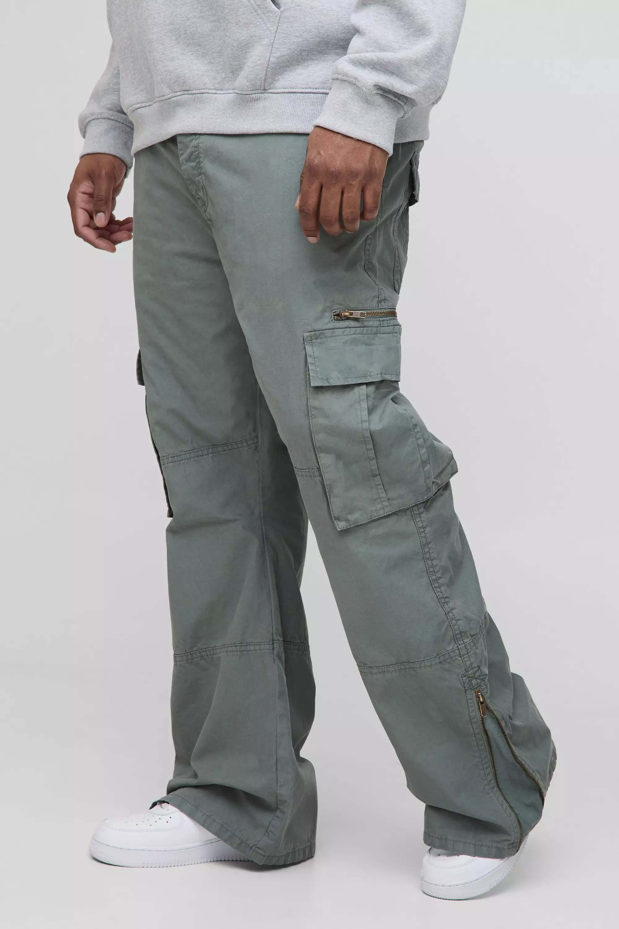 Plus Slim Flare Zip Gusset Overdye Acid Wash Cargo Pants Stone