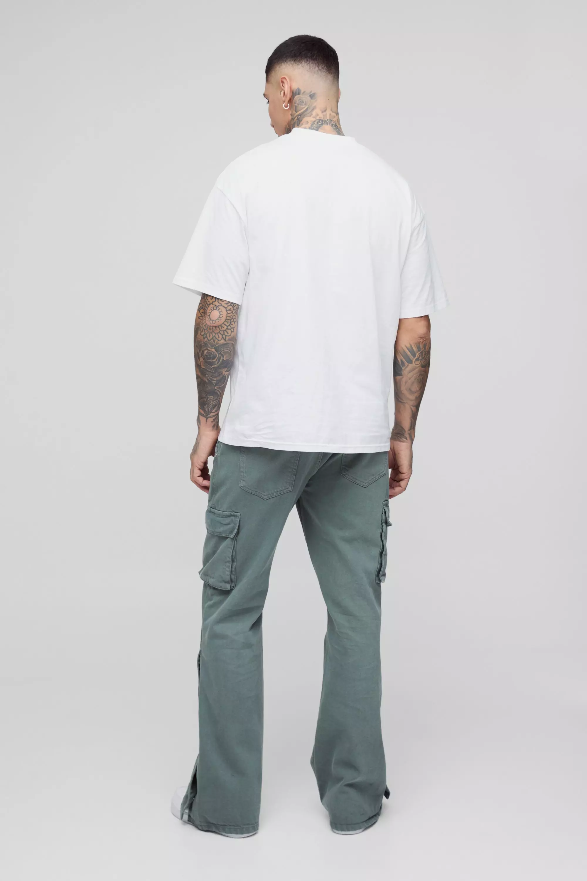 Tall Relaxed Flare Overdye Popper Hem Cargo Pants | boohooMAN USA