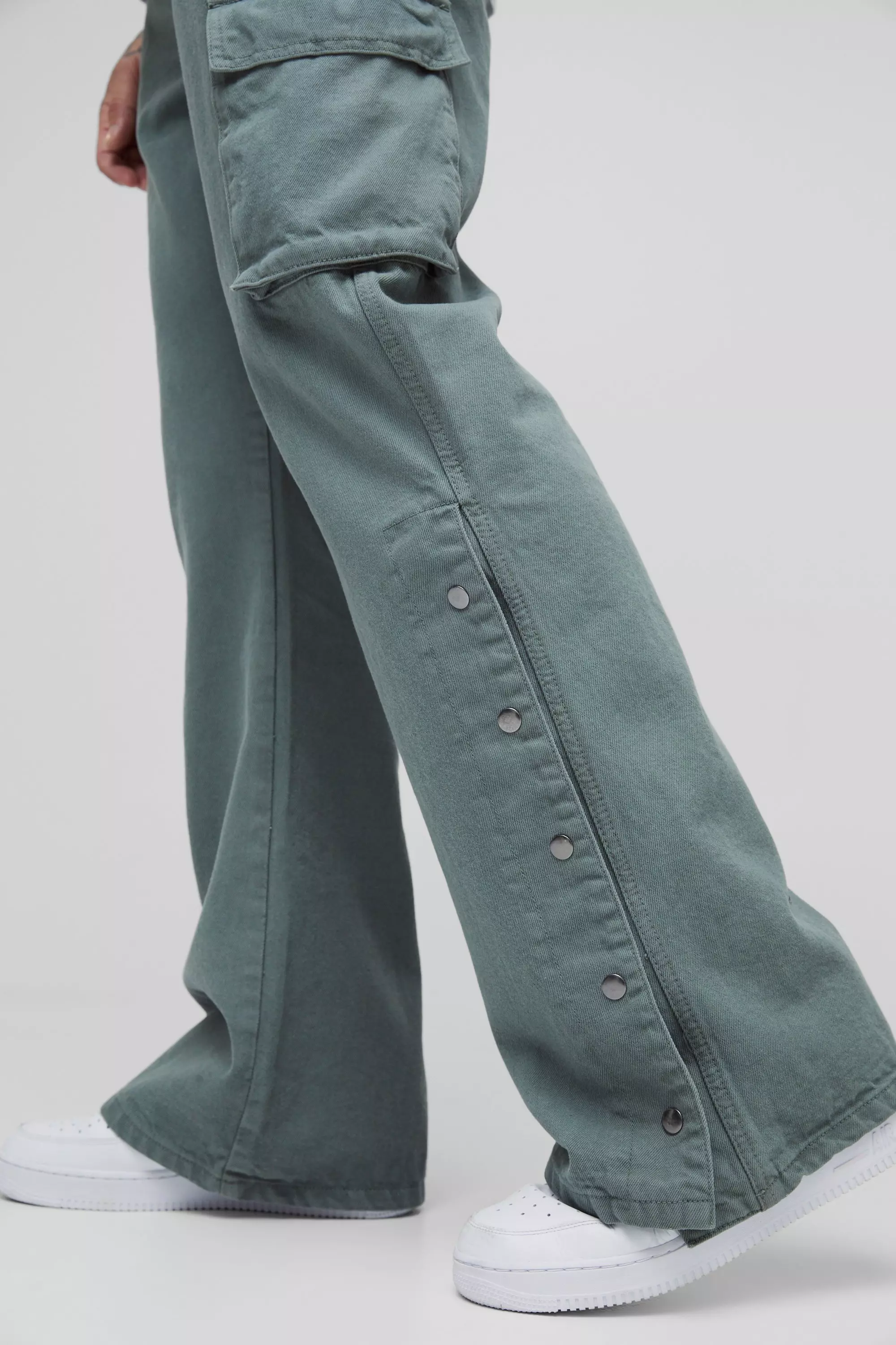 Tall Relaxed Flare Overdye Popper Hem Cargo Pants | boohooMAN USA