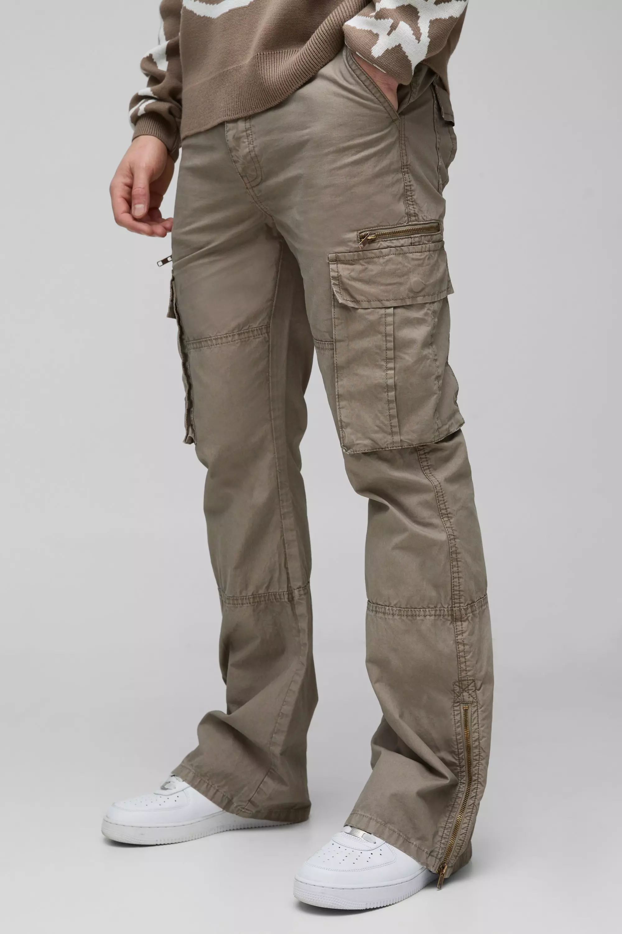Tall Slim Flare Zip Gusset Overdye Acid Wash Cargo Pants In Black Taupe