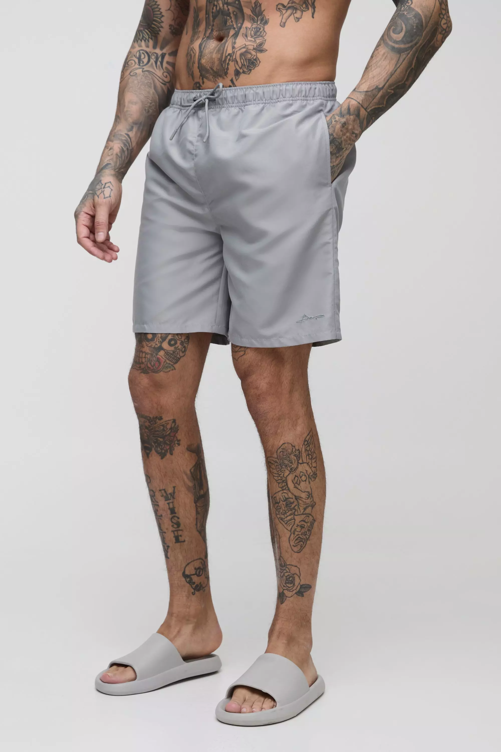 Grey Tall Branded Mid Length Regular Fit Swim Shorts alternative image