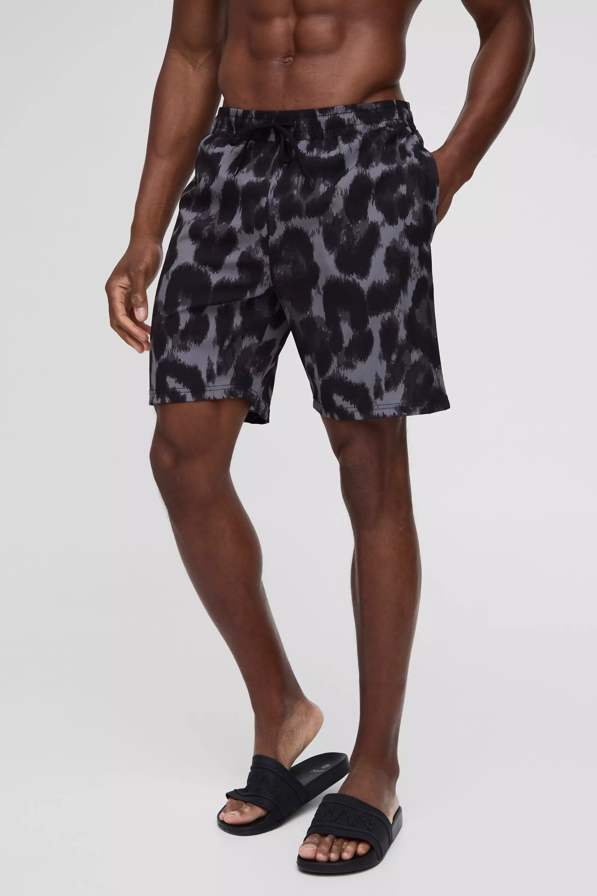 Charcoal Long Length Leopard Printed Swim Trunks alternative image