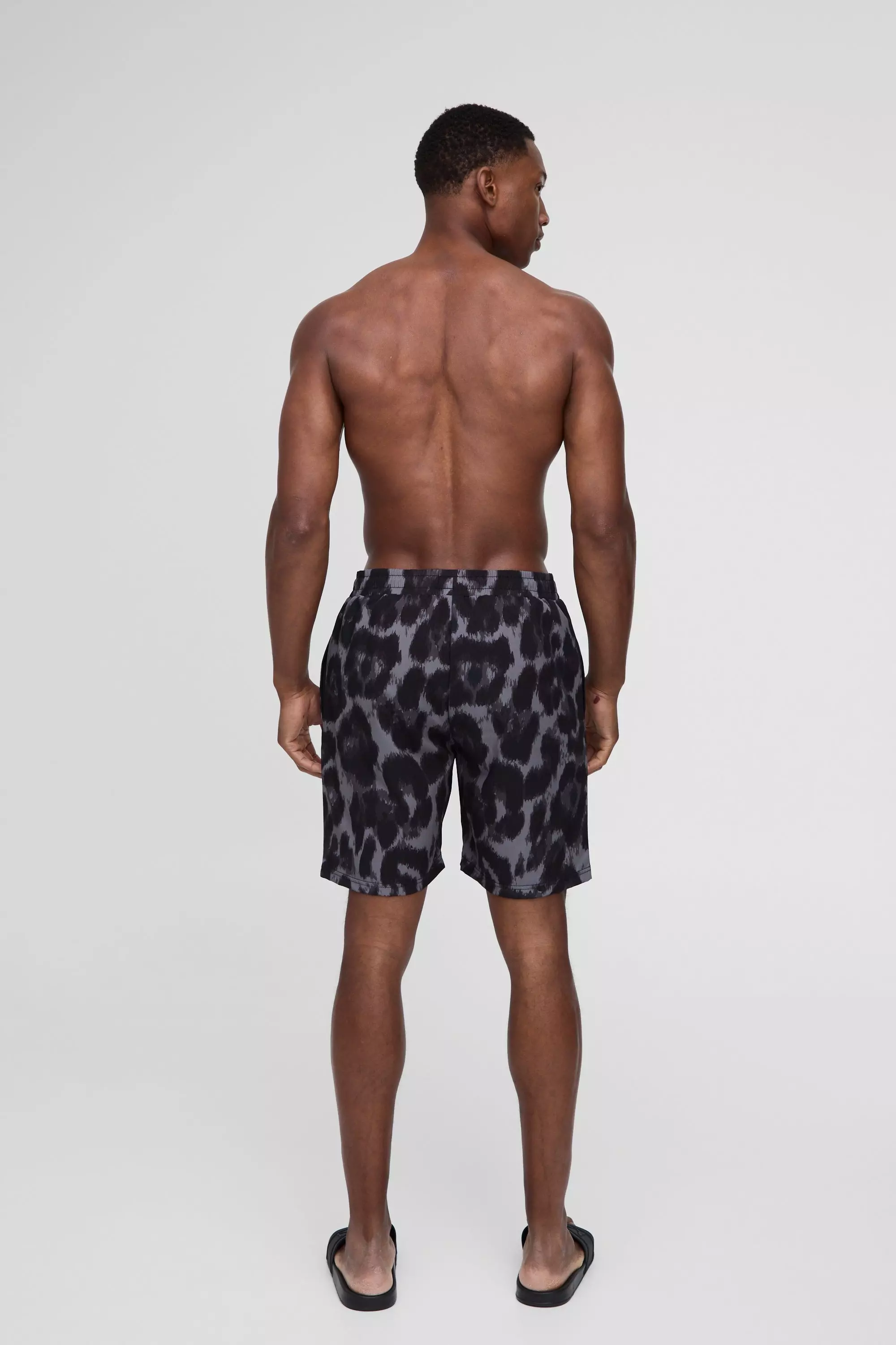 Charcoal Long Length Leopard Printed Swim Trunks alternative image
