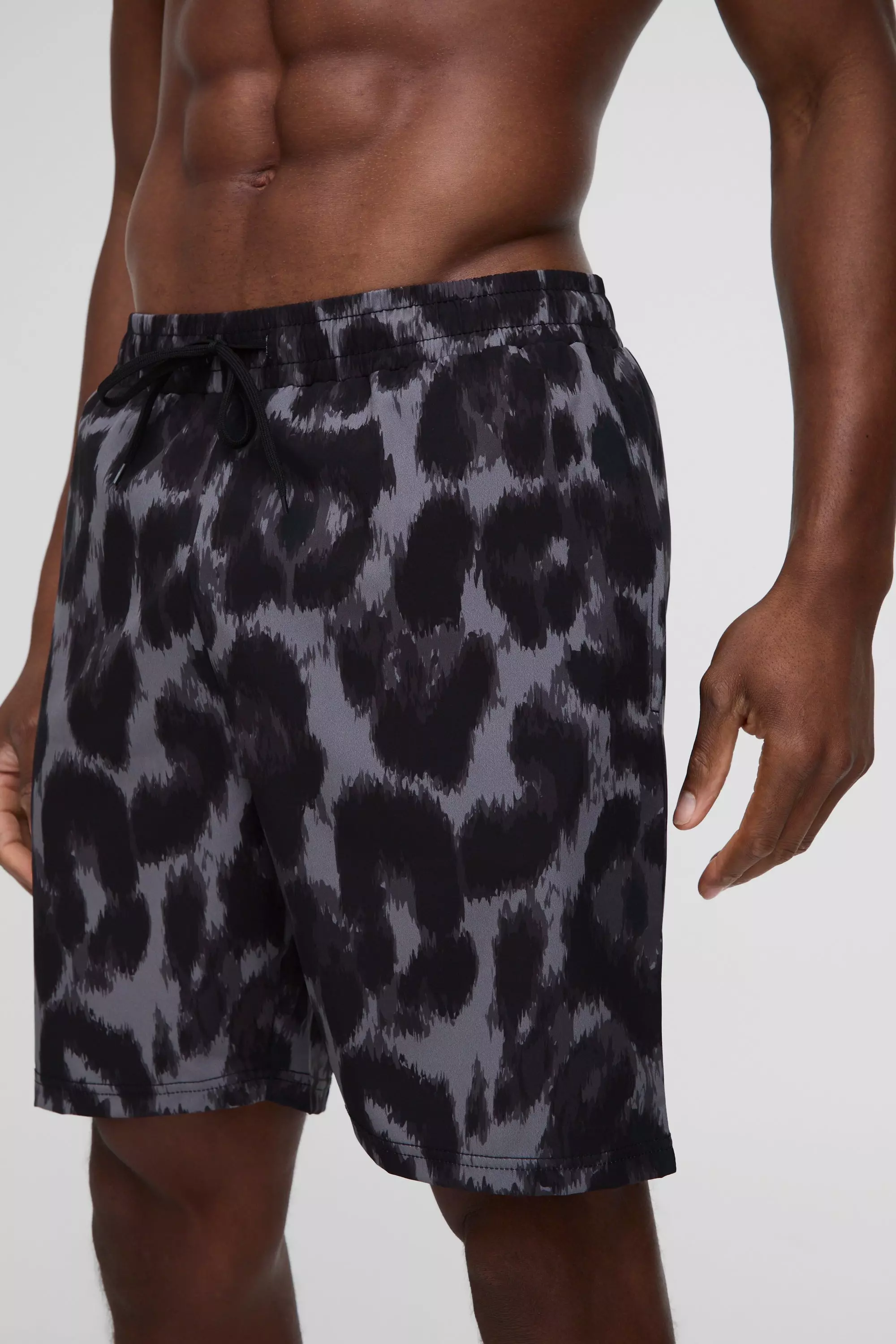 Charcoal Long Length Leopard Printed Swim Trunks alternative image