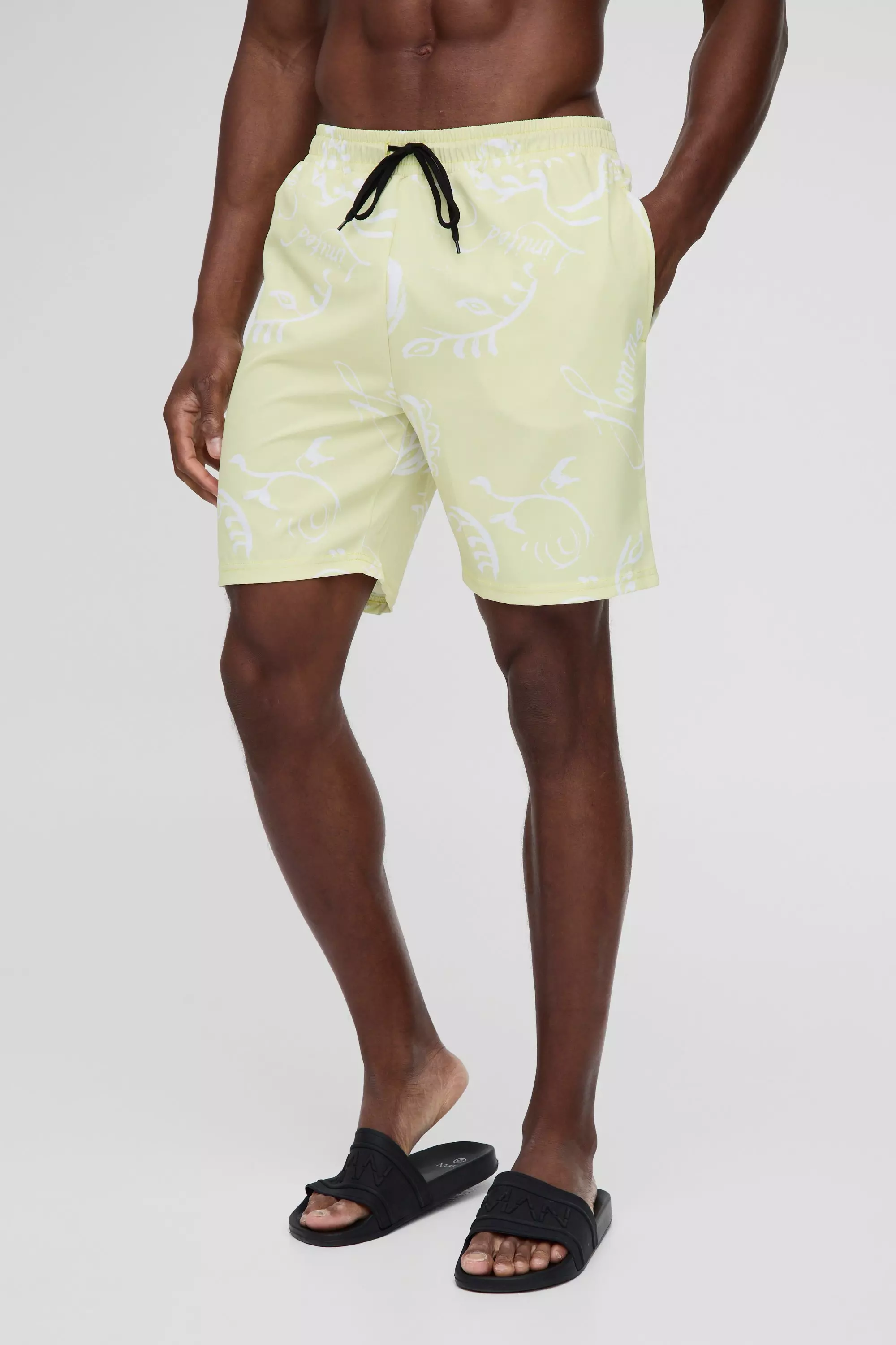 Yellow Long Length Paisley Printed Swim Trunks alternative image